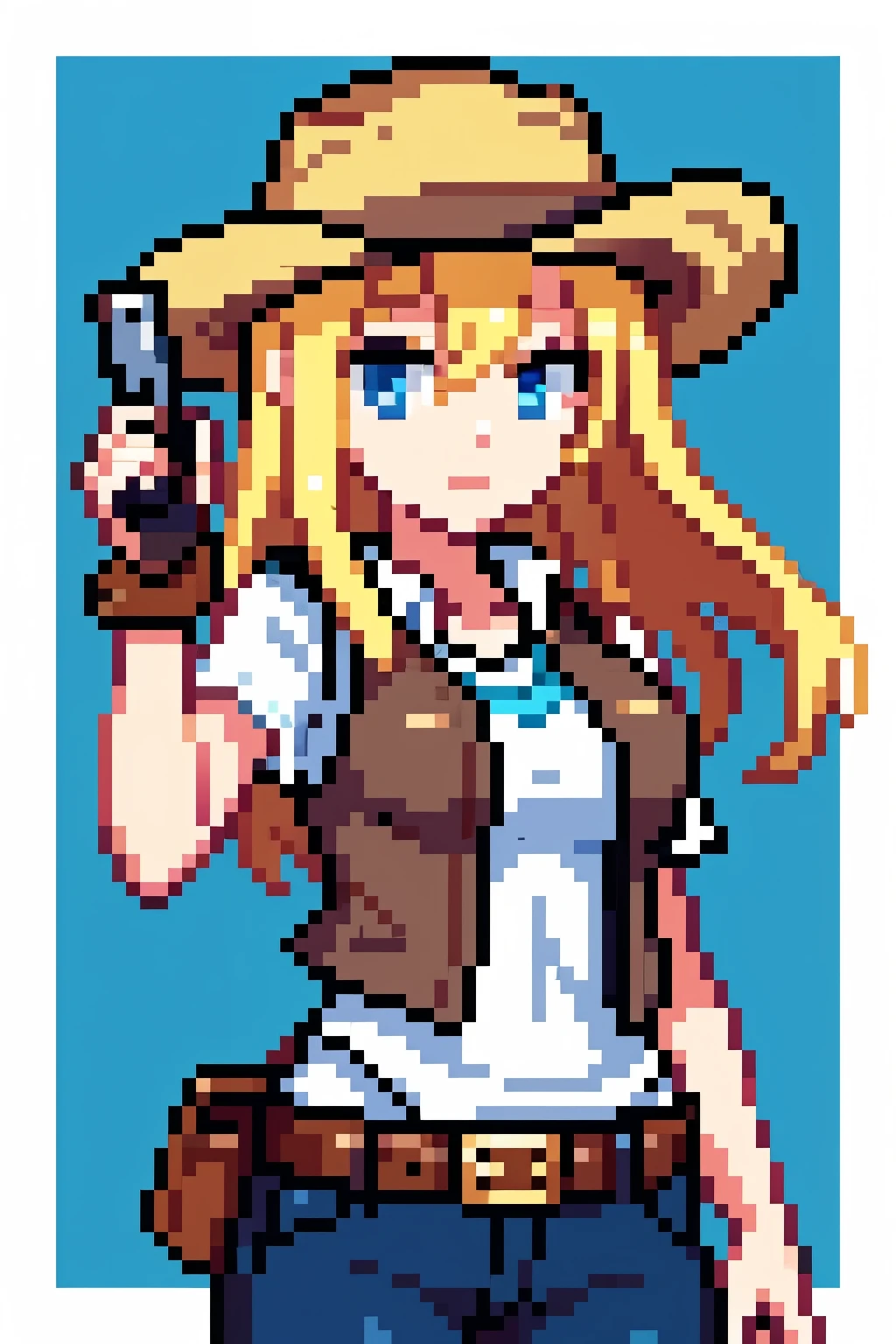 Young woman, Blonde hair, cowboy, Blue eyes, Revolver in hand, leather vest, White T-shirt, sheriff hat