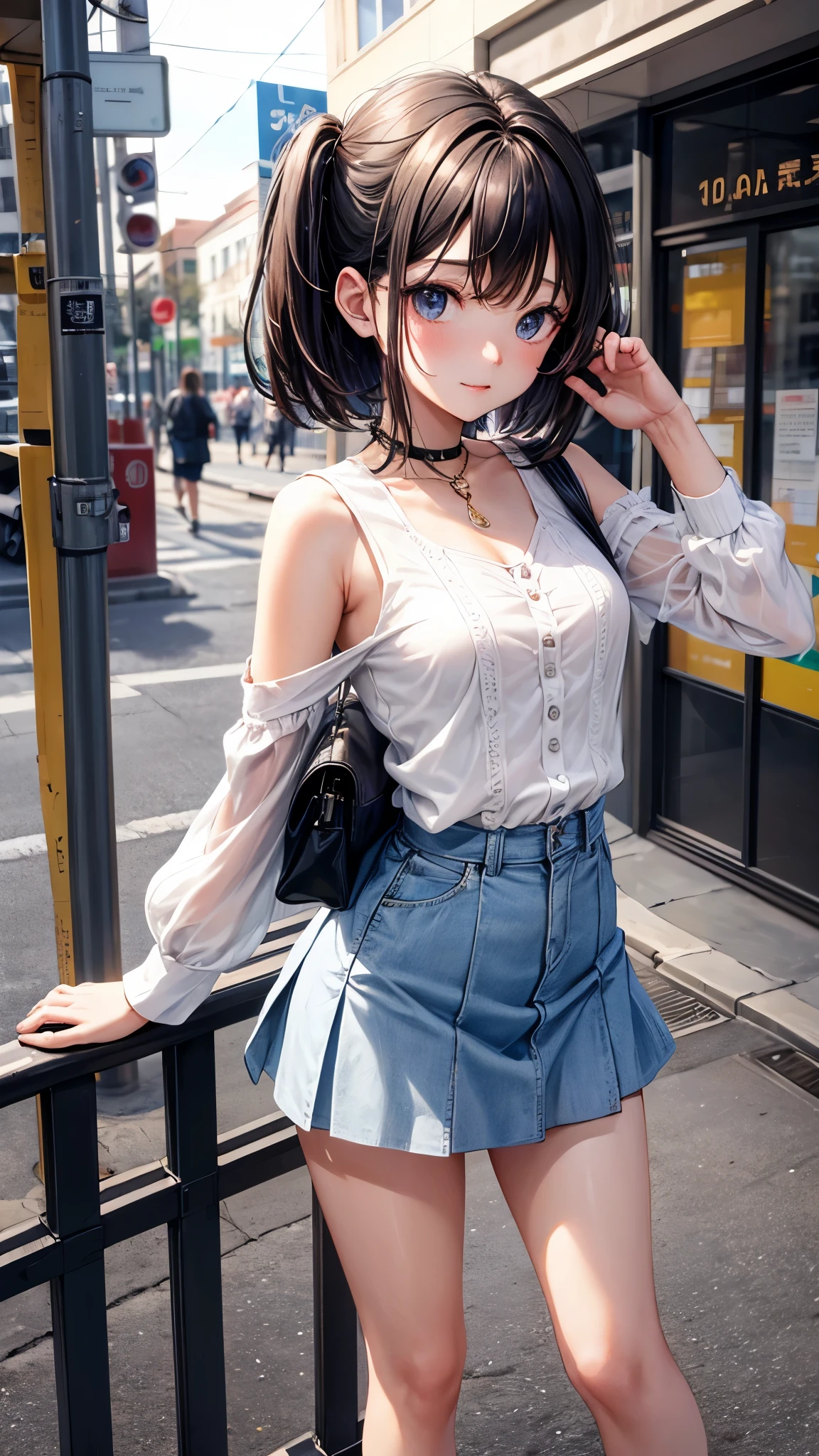 extremely detailed CG unity 8k wallpaper, best quality, ultra-detailed, masterpiece, realistic, photo realistic, extremely detailed cute girl, 20years old, (skirt lift), ((skirt lift by myself)), white panties , panties focus, blush, parted lips, looking at viewer , half body shot , wearing off-shoulder shirt , (crowd), (crowded park) , short hair