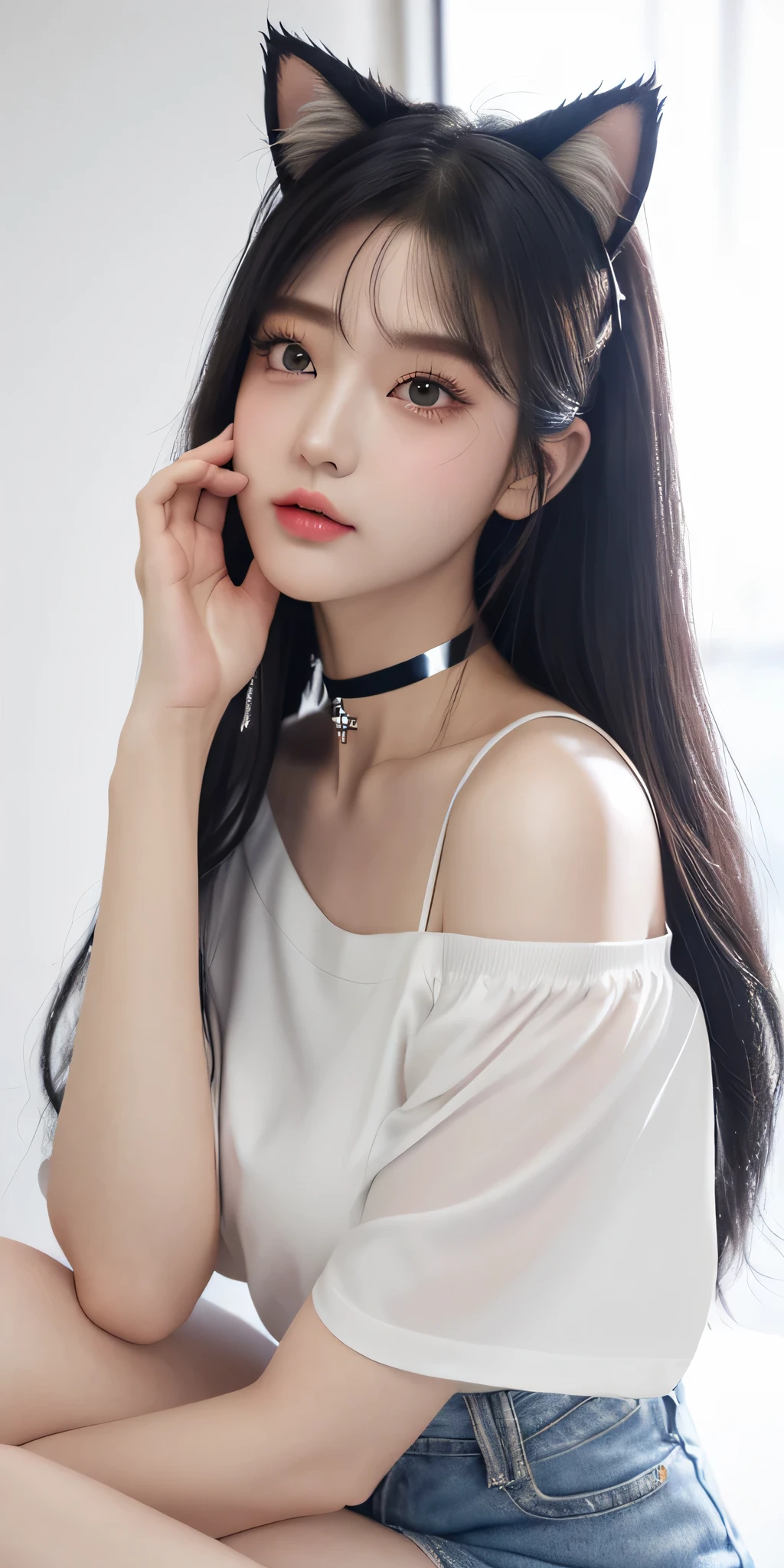 (Best quality, masterpiece: 1.3), 1 girl, Super cute Korean girl、cute like an idol、Heavy makeup、Cat ears hairstyle、Blushed cheeks、Koetsu、Watery eyes、Goody two shoes、Looking up、Place your hand on your cheek、Off-the-shoulder shirt、She wears a large ribbon choker that ties at the back.、False eyelashes、gloss skin、Upper Body、Inside the room、White interior、gloss々Lips