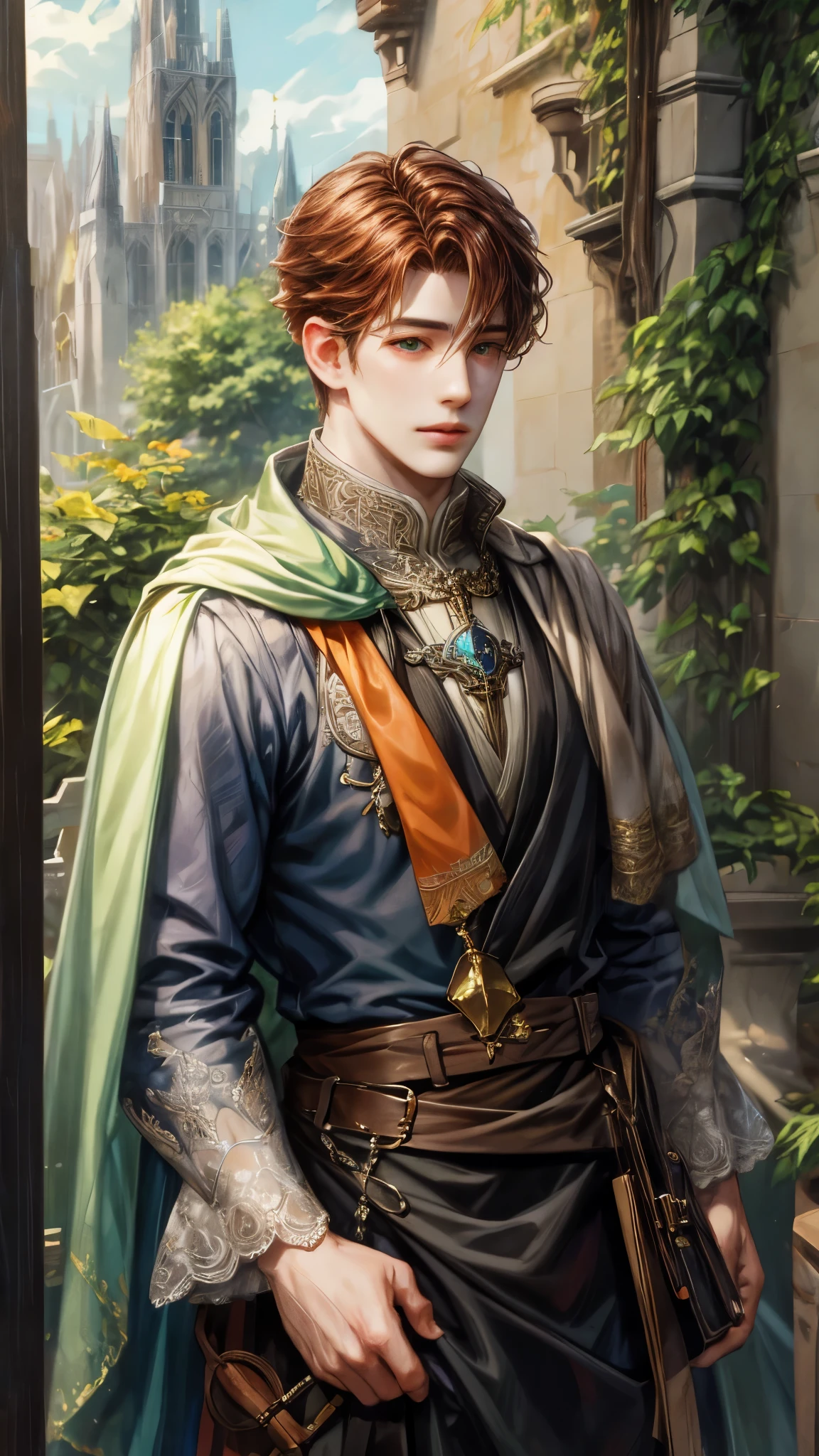 (absurdres, highres, ultra detailed, HDR), masterpiece, Intricate details,best quality solo focus , close-up picture of a character from Octopath Traveler, handsome adult boy with random Hair color between peach, apricot, periwinkle, cream, red, blue, green, orange, yellow, or purple, anime eyes, Hero Outfit showing Chest with cape in a random color, detailed outside garden cathedral scenery, detailed character, art kenouji