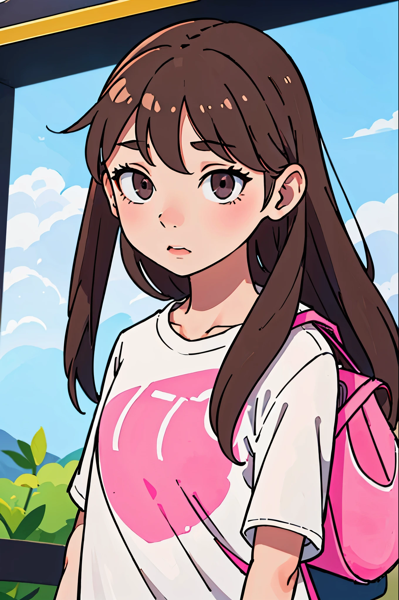 Girl, long brown hair, gray eyes, cold features, white skin, pink lips, t-shirt, jacket, bag