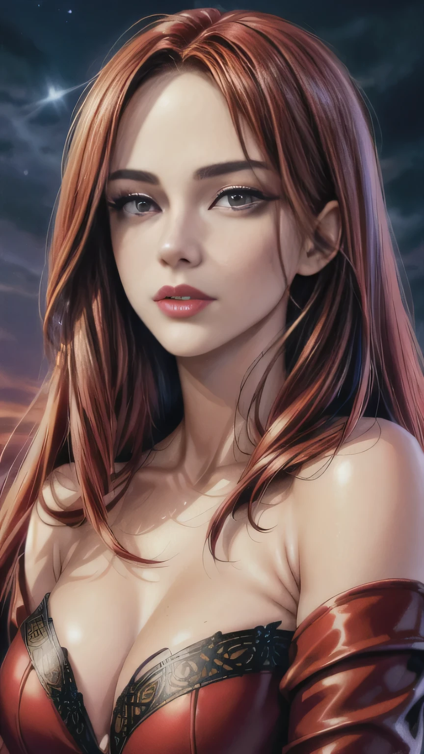 portrait shot, ((vivid red hair)), mature woman, 30 years old, diamond face, moonlight, red starry sky background, depth of field, magic, big red lips, ((dark and red black eyes)) black and red long and full dress, covered chest, mystical atmosphere, ominous shadows, Intense blue aura, Intense red aura (best quality:1.2), absurdres, intricate details, (highly detailed skin:1.2), smile expression, posing, taut and well defined body, attractive. Highly realistic, pale skin, beautiful, hyperrealism, skin very elaborated, direct gaze, (RAW, analogue, Nikon Z 14mm ultra-wide angle lens, award-winning glamour photograph, ((best quality)), ((masterpiece)), ((realistic)), skin pores, subsurface scattering, high-res, detailed facial features, high detail, sharp focus, smooth, aesthetic, extremely detailed, (extremely detailed eyes, extremely detailed iris), extremely detailed hair, extremely detailed skin, extremely detailed clothes, octane render, photorealistic, realistic, post-processing, max detail, realistic shadows, roughness, natural skin texture, real life, ultra-realistic, photorealism, photography, 8k UHD, photography, hdr, intricate, elegant, highly detailed, sharp focus, stunning, beautiful, gorgeous), realistic, masterpiece, highest quality, movie still, cloud girl, floating in the sky, (close-up:1.1), medium breast, bright, happy, fun, soft lighting,