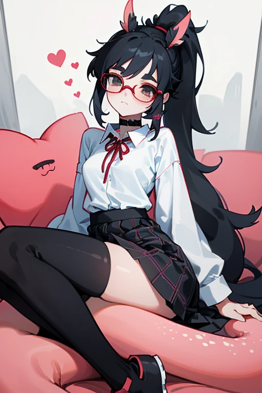 an 18 year old Japanese girl who stands at a height of 175 cm. She has pretty and elegant features, befitting that of royalty. She has long, straight black hair which she keeps tied in a ponytail with a red ribbon, leaving the bangs and sides to frame her face. She's wearing red square-rim glasses. Her eyes are crimson red. She's wearing a medium-length black cotton plaid skirt, a white uniform shirt with a red ribbon around the collar and a pair of black leggings. She wears black sports sneakers. She's wearing a black choker. She has a slim build, with small arms, a slim waist, slender and shapely legs and a small, cute ass. Her perky breasts sit at a comfortable C-cup. She has the pink gills of an axolotl adorning each side of her face, and a 4 foot long pink axolotl tail. She is sitting on a couch in a modern indoors environment with her hands in her lap, looking neutrally at the camera.
