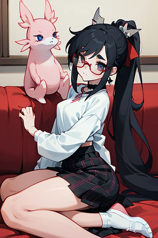 an 18 year old Japanese girl who stands at a height of 175 cm. She has pretty and elegant features, befitting that of royalty. She has long, straight black hair which she keeps tied in a ponytail with a red ribbon, leaving the bangs and sides to frame her face. She's wearing red square-rim glasses. Her eyes are crimson red. She's wearing a medium-length black cotton plaid skirt, a white uniform shirt with a red ribbon around the collar and a pair of black leggings. She wears black sports sneakers. She's wearing a black choker. She has a slim build, with small arms, a slim waist, slender and shapely legs and a small, cute ass. Her perky breasts sit at a comfortable C-cup. She has the pink gills of an axolotl adorning each side of her face, and a 4 foot long pink axolotl tail. She is sitting on a couch in a modern indoors environment with her hands in her lap, looking neutrally at the camera.
