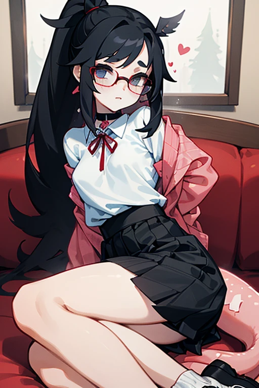 an 18 year old Japanese girl who stands at a height of 175 cm. She has pretty and elegant features, befitting that of royalty. She has long, straight black hair which she keeps tied in a ponytail with a red ribbon, leaving the bangs and sides to frame her face. She's wearing red square-rim glasses. Her eyes are crimson red. She's wearing a medium-length black cotton plaid skirt, a white uniform shirt with a red ribbon around the collar and a pair of black leggings. She wears black sports sneakers. She's wearing a black choker. She has a slim build, with small arms, a slim waist, slender and shapely legs and a small, cute ass. Her perky breasts sit at a comfortable C-cup. She has the pink gills of an axolotl adorning each side of her face, and a 4 foot long pink axolotl tail. She is sitting on a couch in a modern indoors environment with her hands in her lap, looking neutrally at the camera.
