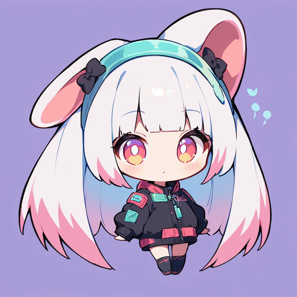 cartoon animal design, Full body picture of a cute rabbit in flat style, Simple but with a strong sense of design, Fresh flat style, Cyberpunk elements are liberally incorporated, Viewed from the front、It expresses an attractive and cute posture., Cute posture with legs hanging down