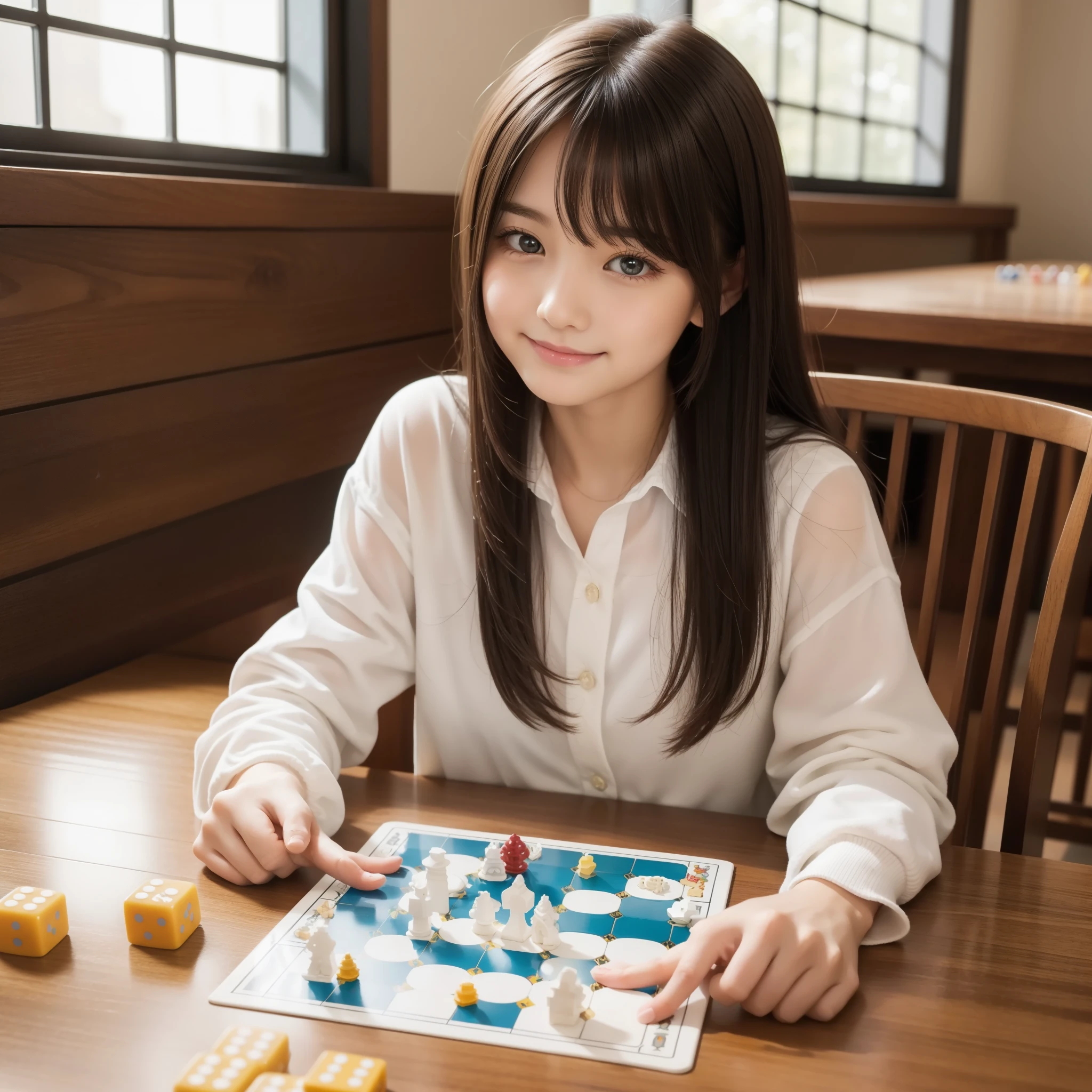 playing boardgame,Shiny and transparent white skin、Windy hair disturbs your cute face、giant、one 10 year old cute sexy little beautiful face、Beautiful straight hair that stands out、spectacular, beautiful azure eyes with bright、Long soft bangs that cover cute eyes, sexy face hiding hair super long hair sexy cute young women long natural blonde shiny shiny hair,smile, Sitting around the table playing a board game, board game catan, The board game looks good, Table-centered composition,