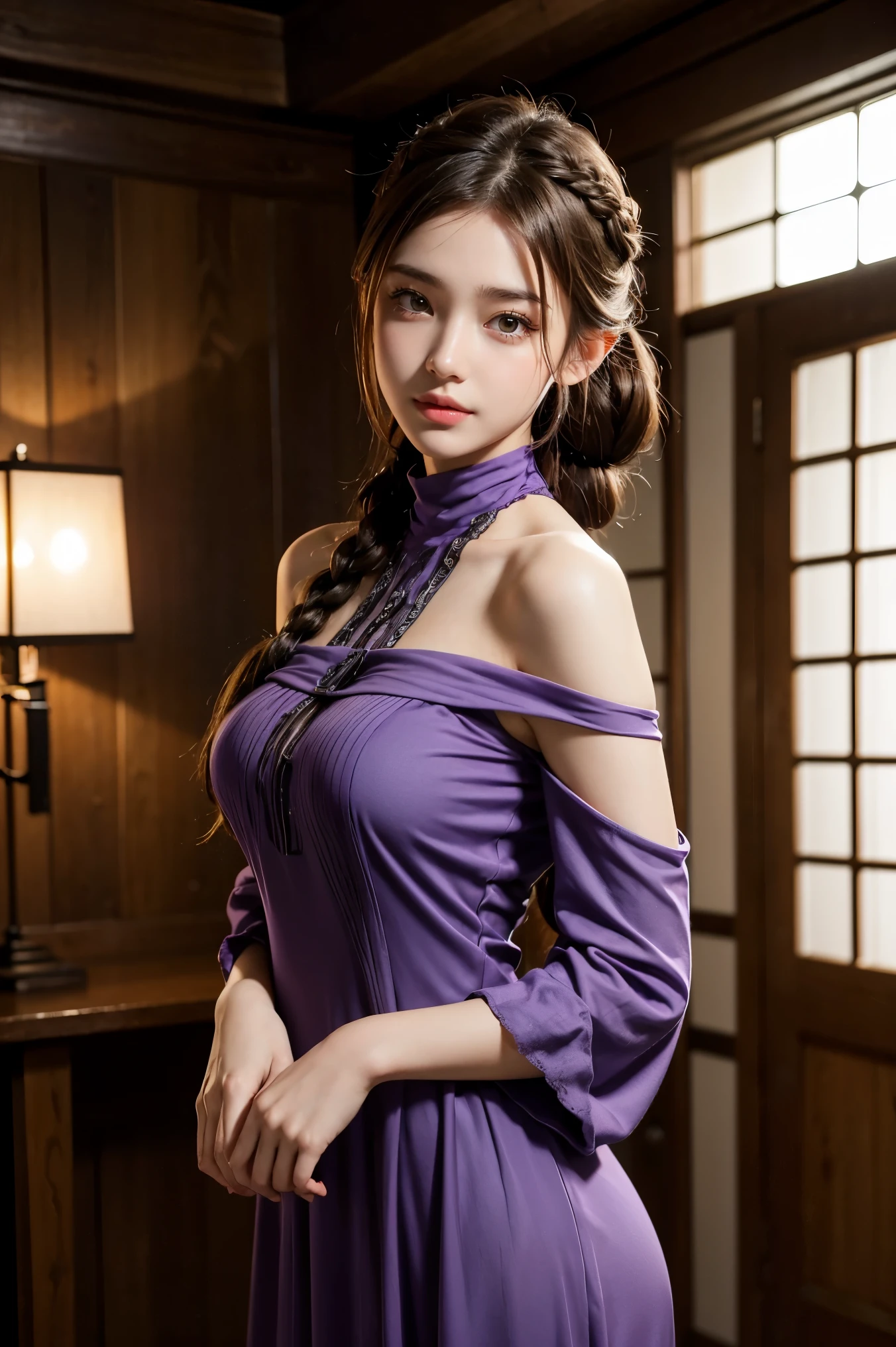 (masterpiece:1.3), high resolution, ultra detailed, extremely detailed CG unity 8k wallpaper, realistic, photo-realistic, RAW photo, beautiful detailed face, detailed body, naked body, sexy, big tits, pink nipples, glossy pink lips, soft pink hair, big breasts, detailed hair texture, accurate, Anatomically correct, Highly detailed face and skin texture, 1girl, solo, beautiful skin, real human skin, Full-body, beautiful firm breasts, beautiful cleavage, mature body, 18 years old girl, beautiful girl, Japanese idol, (french braid:1.3), brown hair, wearing layers, BREAK, (Purple Long dress with high neck off-shoulder sleeveless:1.3), BREAK, White fur decoration on the chest, standing position, venue with moody lighting, enchanting smile, model pose,