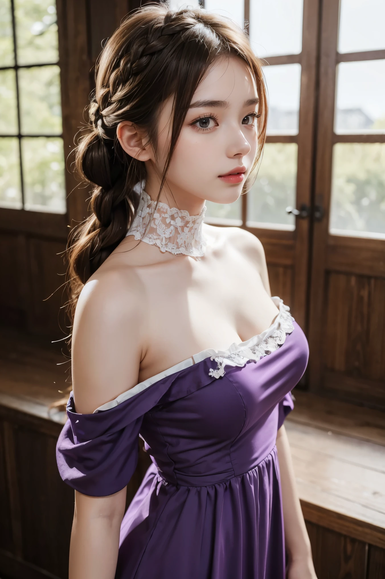 (masterpiece:1.3), high resolution, ultra detailed, extremely detailed CG unity 8k wallpaper, realistic, photo-realistic, RAW photo, beautiful detailed face, detailed cloth texture, detailed hair texture, accurate, Anatomically correct, Highly detailed face and skin texture, 1girl, solo, beautiful skin, real human skin, Full-body, beautiful firm breasts, beautiful cleavage, mature body, 18 years old girl, beautiful girl, Japanese idol, (french braid:1.3), brown hair, wearing layers, BREAK, (Purple Long dress with high neck off-shoulder sleeveless:1.3), BREAK, White fur decoration on the chest, standing position, venue with moody lighting, enchanting smile, model pose, NSFW