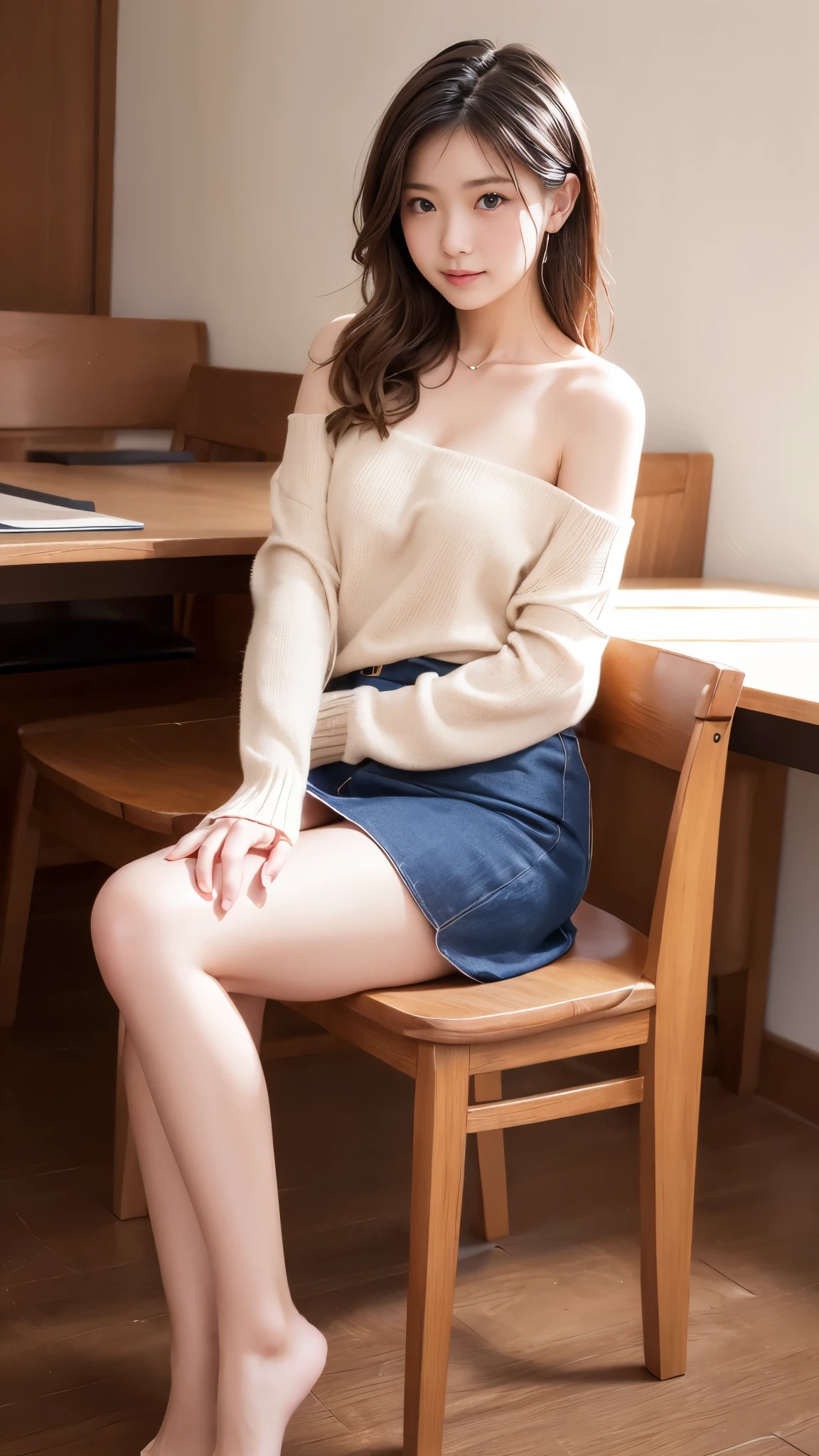 8k，High definition、highest quality、 Caucasian girl、off shoulder knit sweater、flare skirt、Sit on a chair、 nude legs,suddenly face,open legs,nude crotch,slim body,open crotch