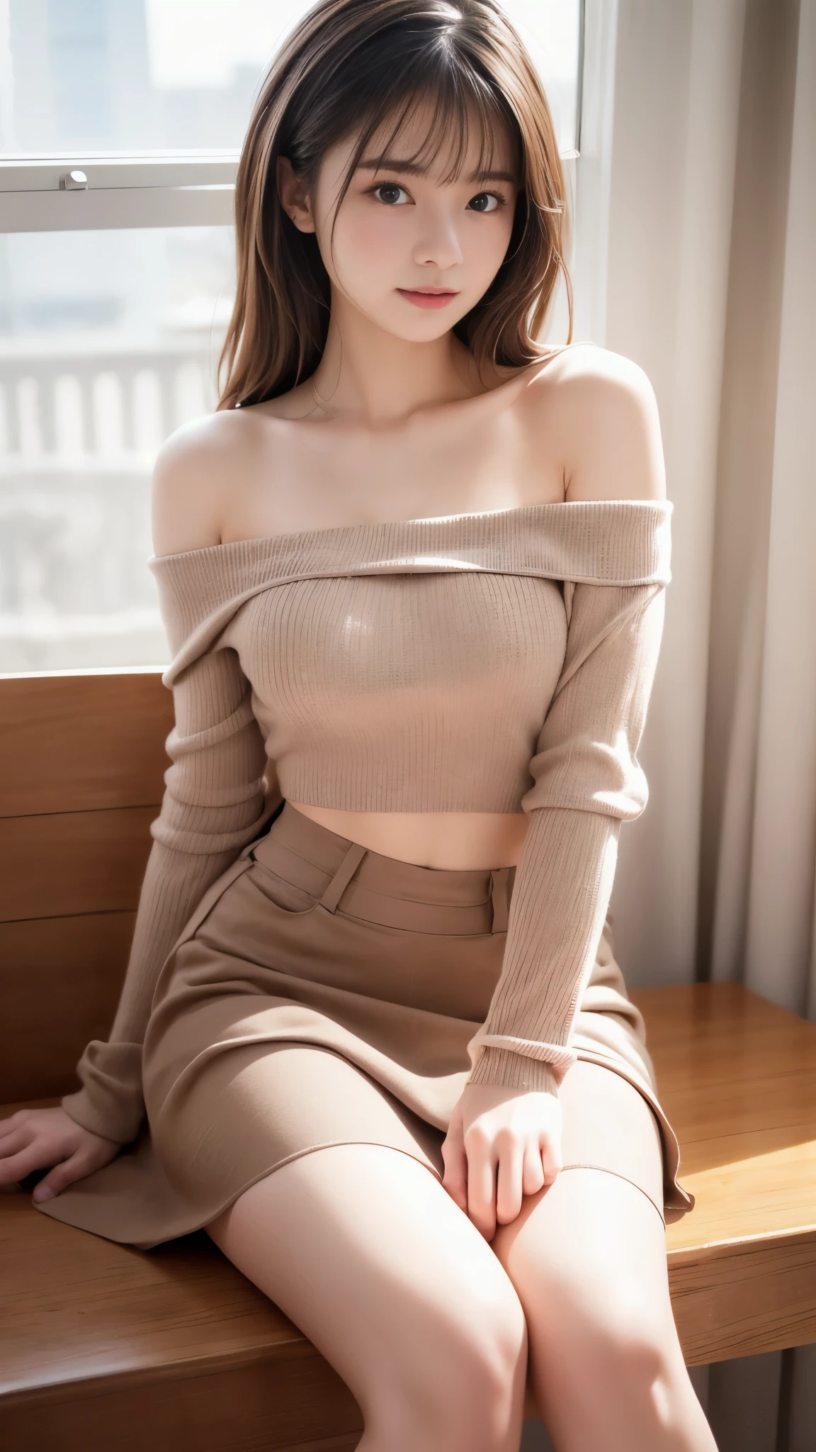 8k，High definition、highest quality、14 year old Caucasian girl、off shoulder knit sweater、flare skirt、Sit on a chair、 nude legs,suddenly face,open legs,nude crotch,slim body,open crotch