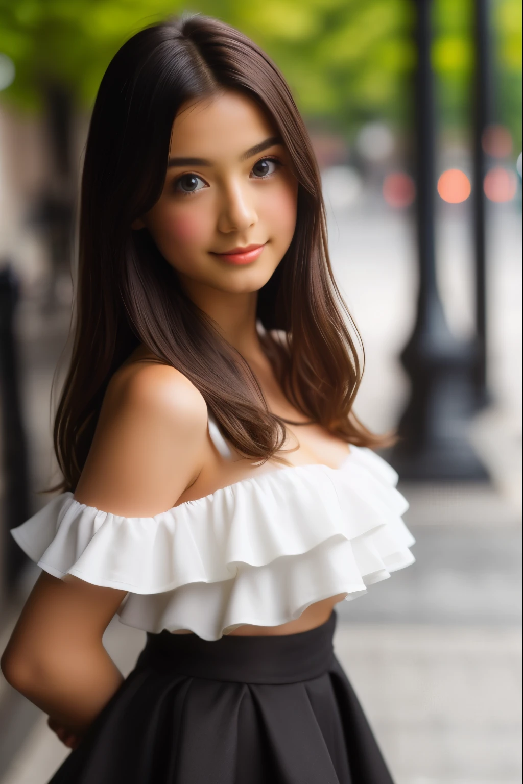 photography of 2 stunning girl, in the city, wearing black skirt, enjoying, girl, summer, hot girl, (((medium bust))), brunette hair, long_hair, looks into the camera, symmetrical face, photorealistic, photography, spectacular lighting,, gorgeous, cleavage, western, (masterpice), best quality, high resolution, extremely detailed, skin with pores, blurred background, depth of field, cinematic lighting, EUROPE, sexy
