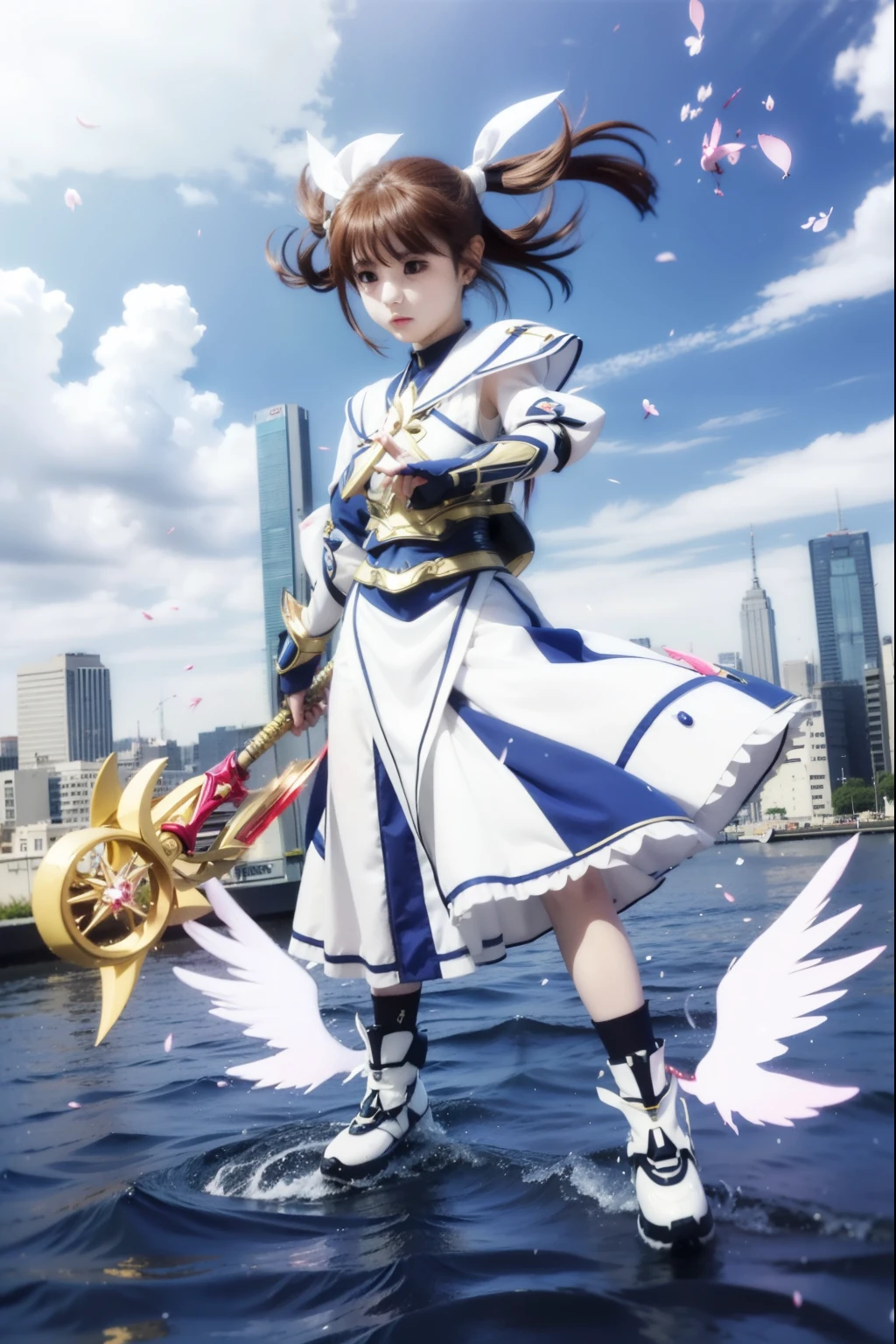 A woman in a white dress holds a sword and a yellow object., Symphogre, Aya Takano color style, Sakura Kinomoto, Anime girl named Lucy, Promotional Art, Gainax&#39;s anime style, Inspired by Tsubasa Nakai, Futuristic Anime Girl, Ethereal anime in the daytime, Shinkai Makoto, Tsubasa Nagai&#39;s style