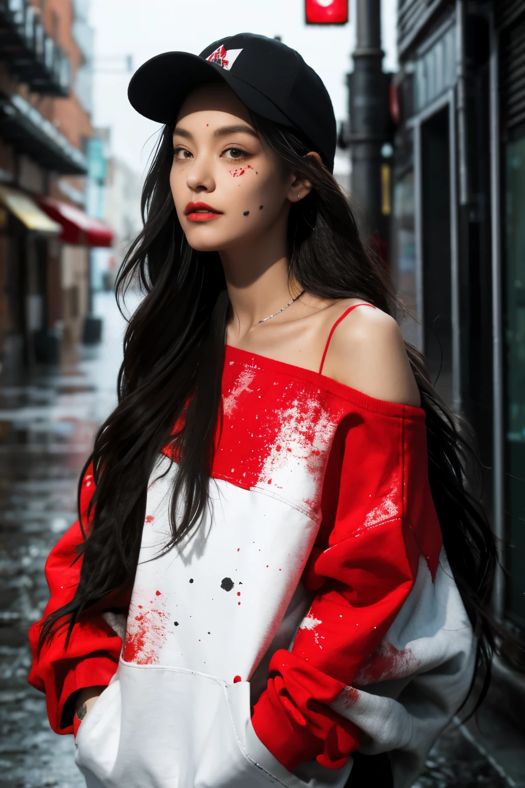 1 girl,Back splash, Red Paint Splatter Sweatshirt(black),Tattoos of the face and neck, One off-the-shoulder garment,Baseball cap,Alchemy Laboratory,The mystery of the unknown,Put your hands in your pockets,Random colorful long hair,Shoulder-length hair,black eyes,Game scene graph, Rainy street background