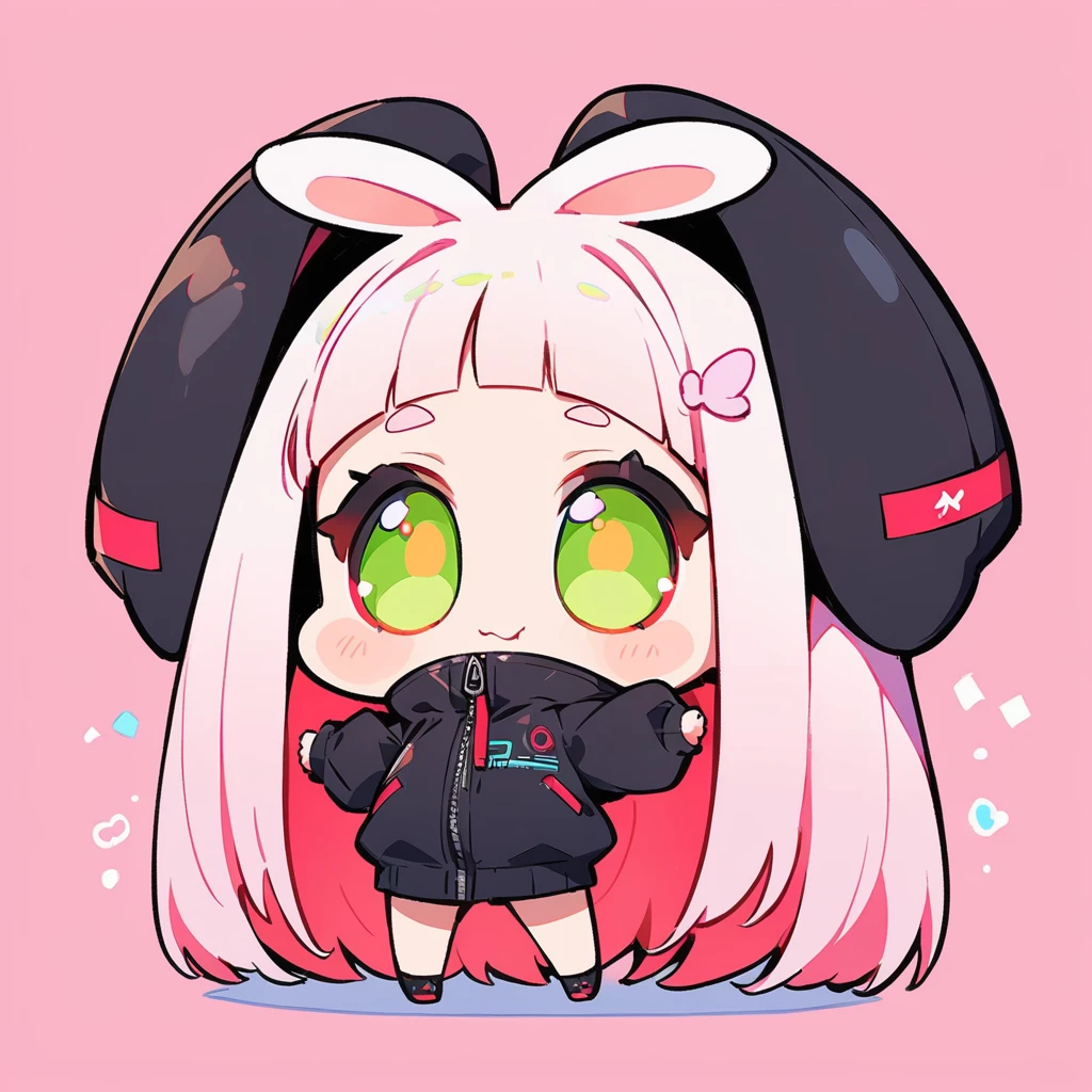 cartoon animal design, Full body picture of a cute rabbit in flat style, Simple but with a strong sense of design, Fresh flat style, Cyberpunk elements are liberally incorporated, Viewed from the front、It expresses an attractive and cute posture., Cute posture with legs hanging down