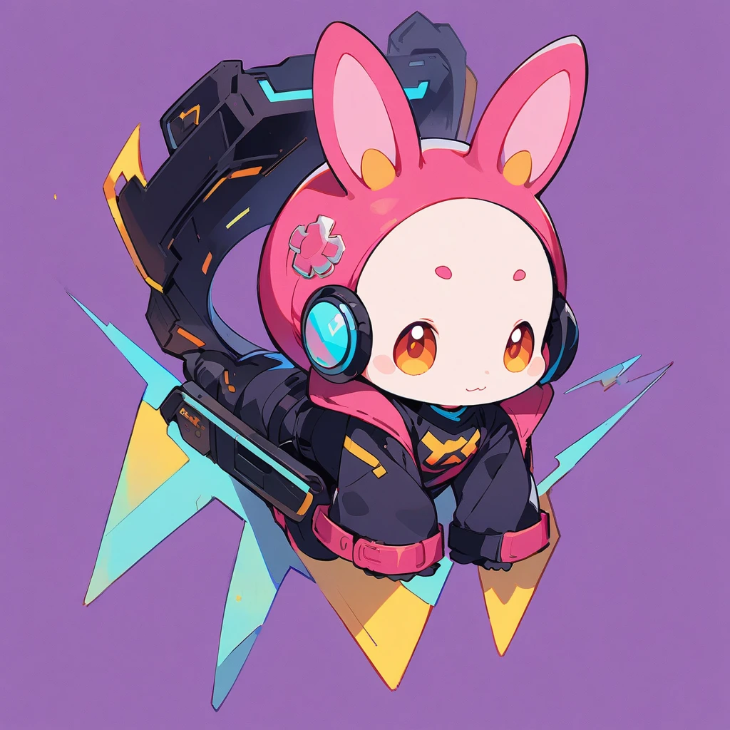 cartoon animal design, Full body picture of a cute rabbit in flat style, Simple but with a strong sense of design, Fresh flat style, Cyberpunk elements are liberally incorporated, Viewed from the front、It expresses an attractive and cute posture., Cute posture with legs hanging down