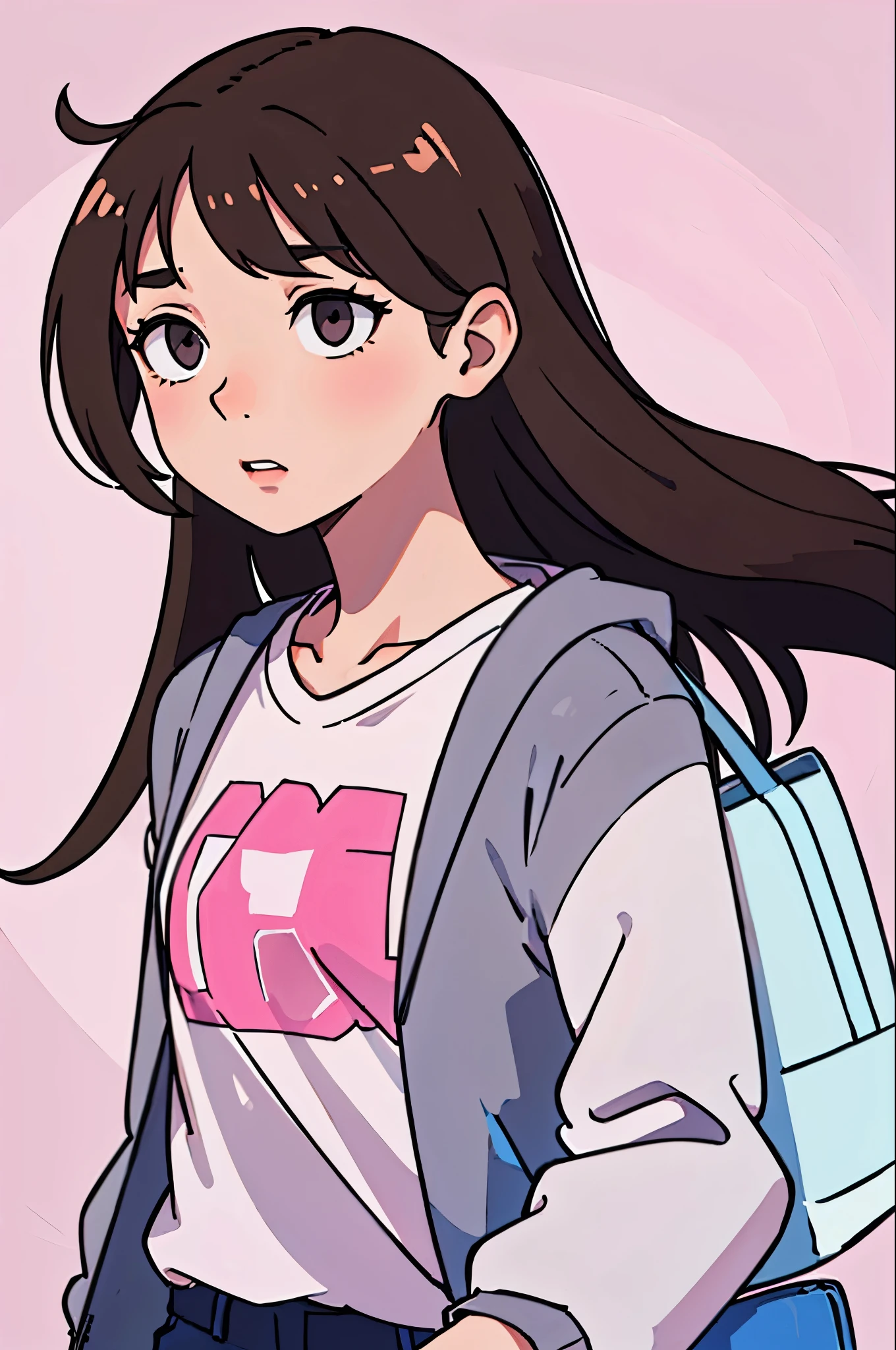Girl, long brown hair, gray eyes, cold features, white skin, pink lips, t-shirt, jacket, bag