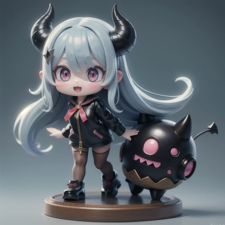 (masterpiece, best quality:1.2), 1girl,devil girl ((masterpiece, highest quality, Highest image quality, High resolution, photorealistic, Raw photo, 8K)),(nendoroid figure),devil's horns, miniatures,illustration,black hot pants,silver hair,(pale blue skin),very happy,whole body,undressing,showing titties(visible nipples),three-dimensional,octane rendering,Perfect face,Collagen texture((flowing hair))
