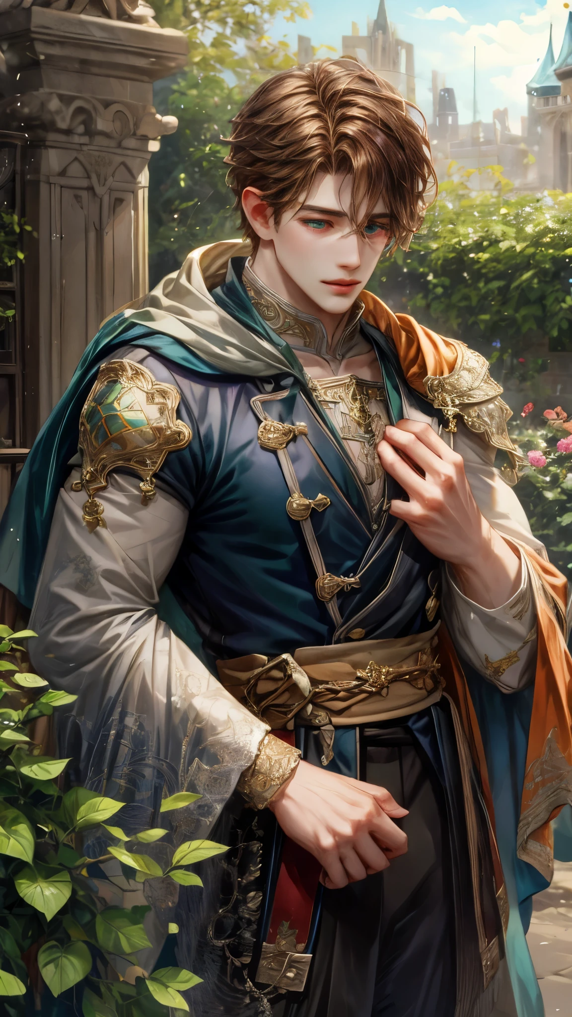 (absurdres, highres, ultra detailed, HDR), masterpiece, Intricate details,best quality solo focus , close-up picture of a character from Octopath Traveler, handsome adult boy with random Hair color between peach, apricot, periwinkle, cream, red, blue, green, orange, yellow, or purple, anime eyes, Hero Outfit showing Chest with cape in a random color, detailed outside garden cathedral scenery, detailed character, art kenouji