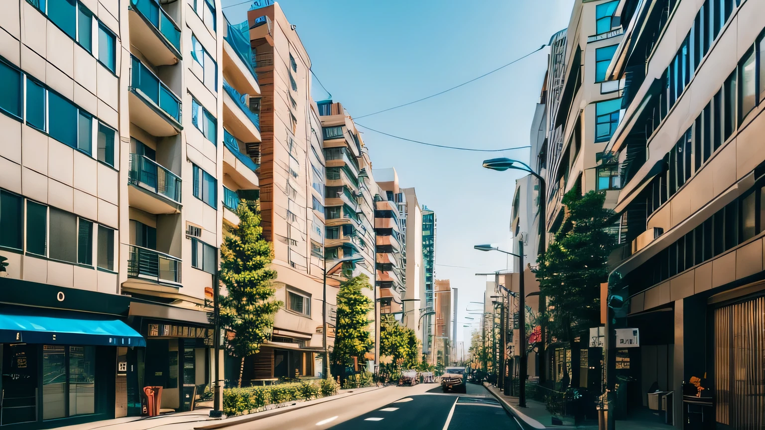 A large street lined with apartment buildings,the way,Photorealistic,8k,Downtown Tokyo,