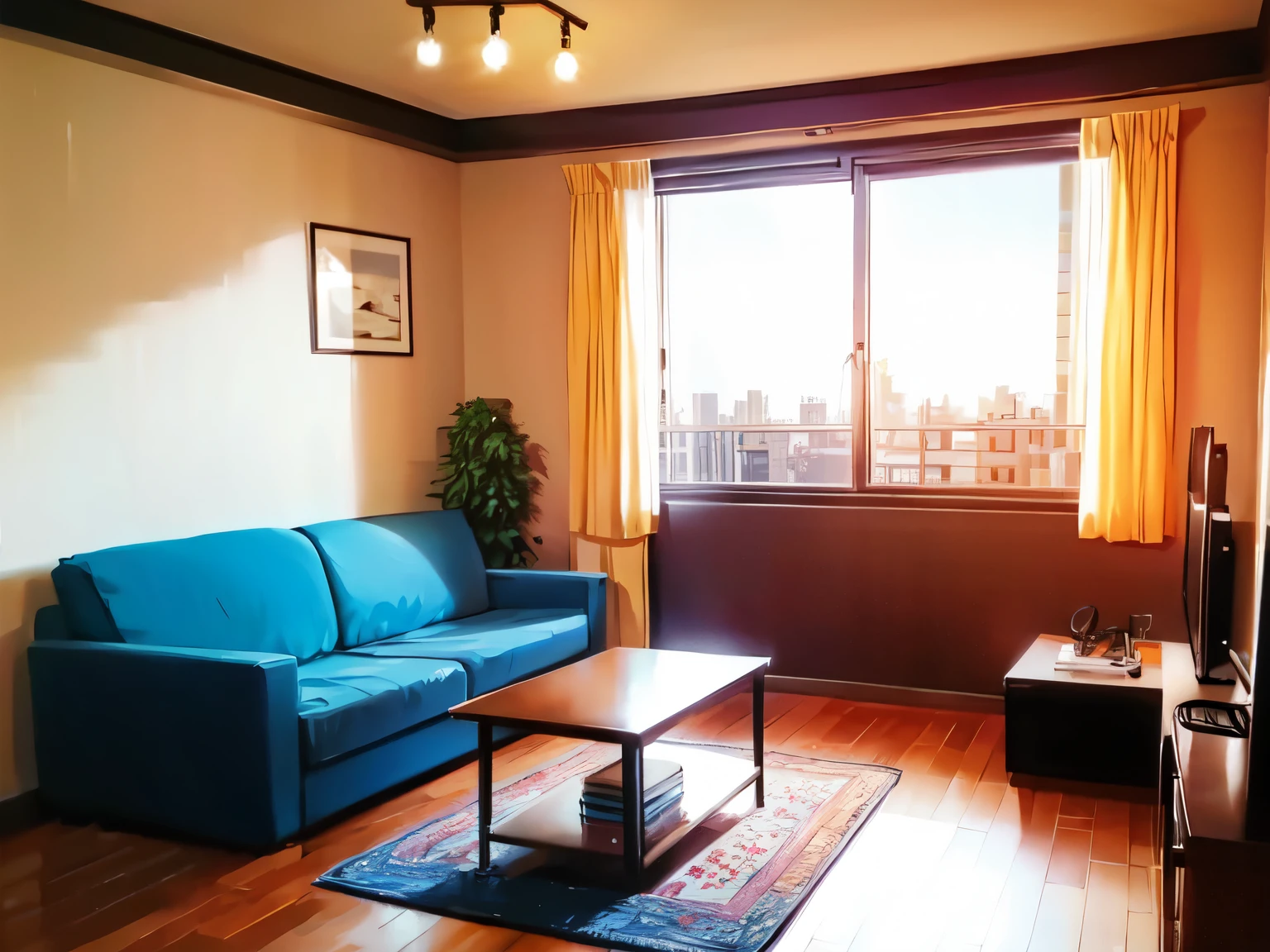 Apartment for single people, Small living room, evening, The setting sun is shining,