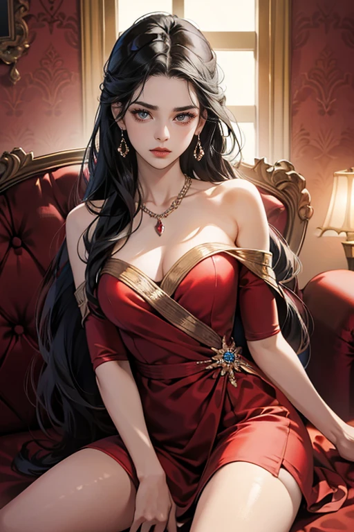 (tmasterpiece,high resolution,ultra - detailed:1.0),1 girl,perfect female body,(adult female:1.3), eyes looking to camera,extremely detailed CG,Unity 8k wallpaper,complicated details,color difference,depth of field,solo person, detailed face, (red dress,diamond earring,diamond necklace,long black hair,lipstick,serious expression),grand ballroom,sit on the sofa,show forehead,color difference,depth of field,dramatic shadow,ray tracing,best quality,cinematic lighting,offcial art,