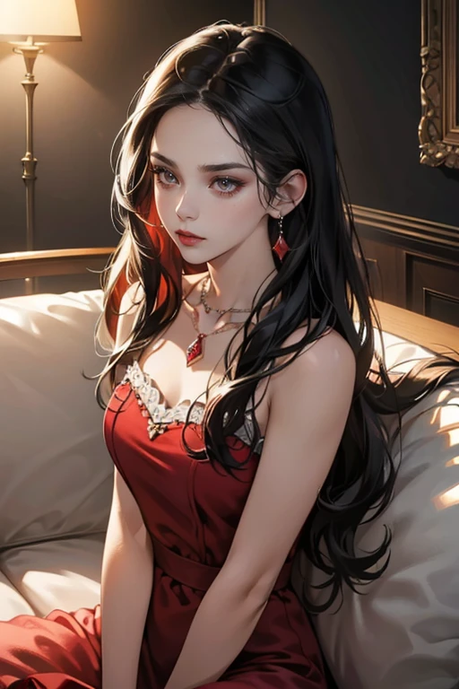 (tmasterpiece,high resolution,ultra - detailed:1.0),1 girl,perfect female body,(adult female:1.3), eyes looking to camera,extremely detailed CG,Unity 8k wallpaper,complicated details,color difference,depth of field,solo person, detailed face, (red dress,diamond earring,diamond necklace,long black hair,lipstick,serious expression),grand ballroom,sit on the sofa,show forehead,color difference,depth of field,dramatic shadow,ray tracing,best quality,cinematic lighting,offcial art,