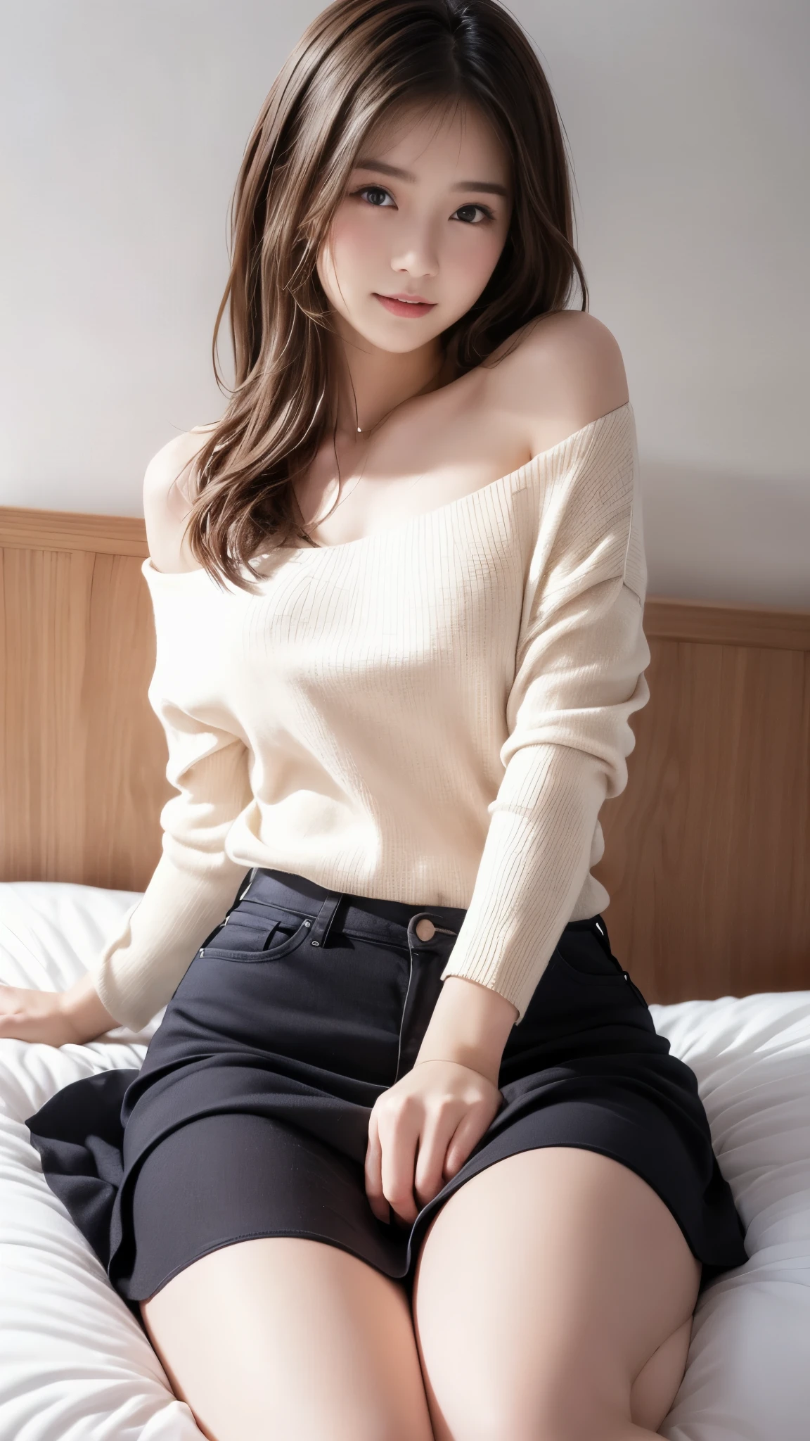 8k,High definition、highest quality、 Caucasian girl、off shoulder knit sweater、flare skirt、dancing on the bed , nude legs,suddenly face,open legs,nude crotch,a arm position is crotch,slim body
