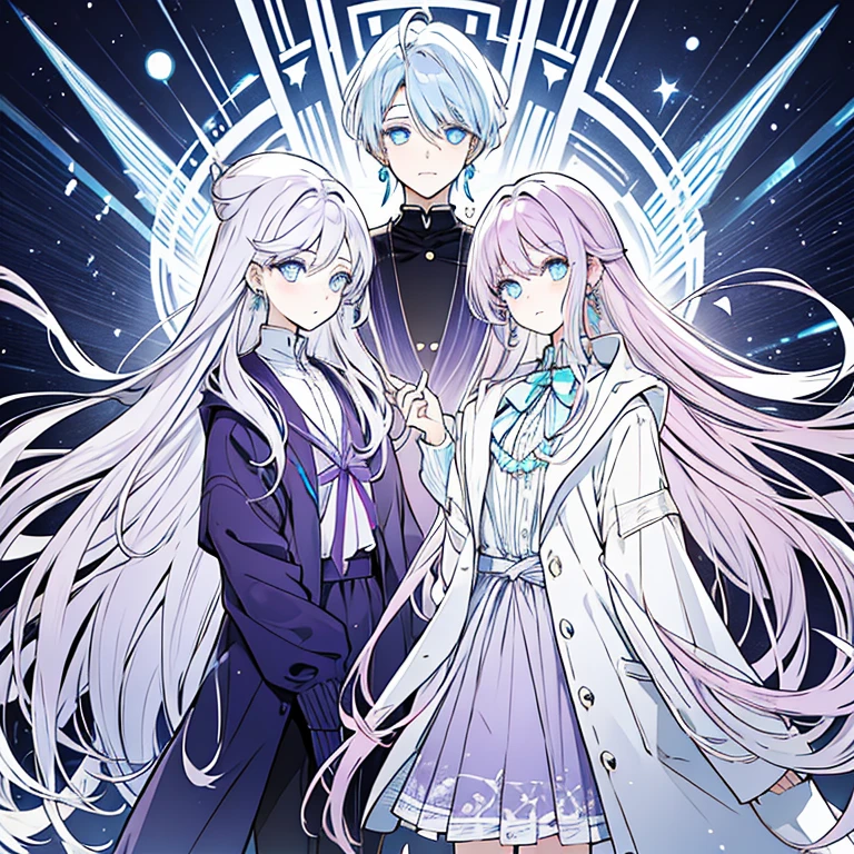 A beautiful androgynous person with long lilac gradient hair and amber eyes. They're wearing a soft blue cardigan and has opal drop earrings. They must be alone in the picture, no one is to be with them.