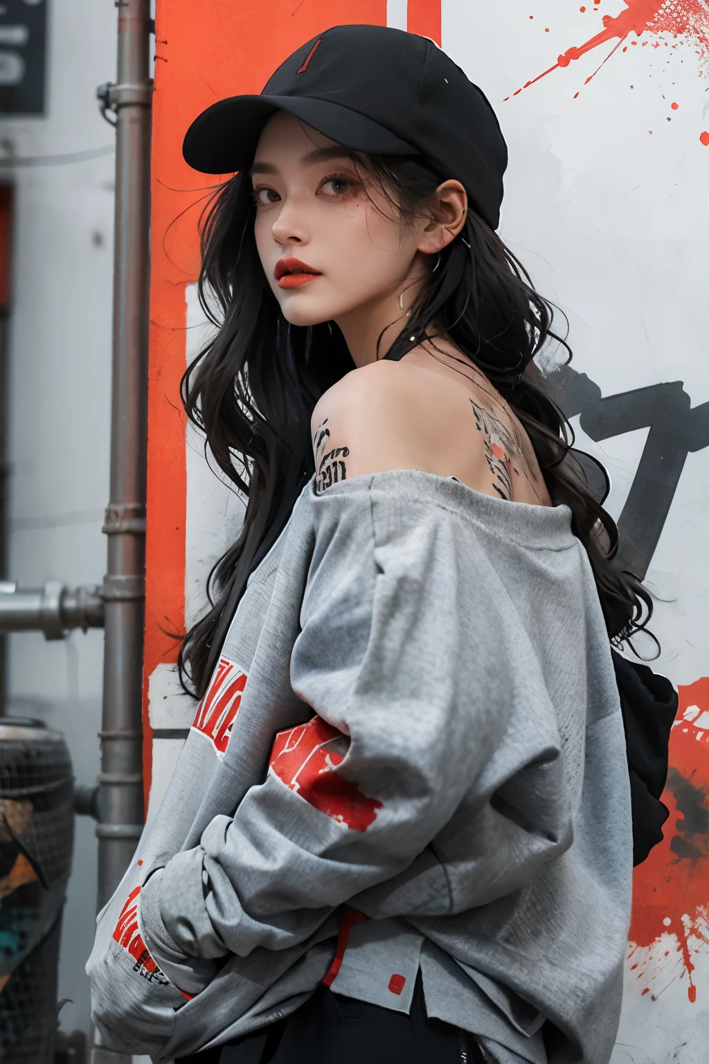 1 girl,Back splash, Red Paint Splatter Sweatshirt(black),Tattoos of the face and neck, One off-the-shoulder garment,Baseball cap,Alchemy Laboratory,The mystery of the unknown,Put your hands in your pockets,Random colorful long hair,Shoulder-length hair,black eyes,Game scene graph, Rainy street background