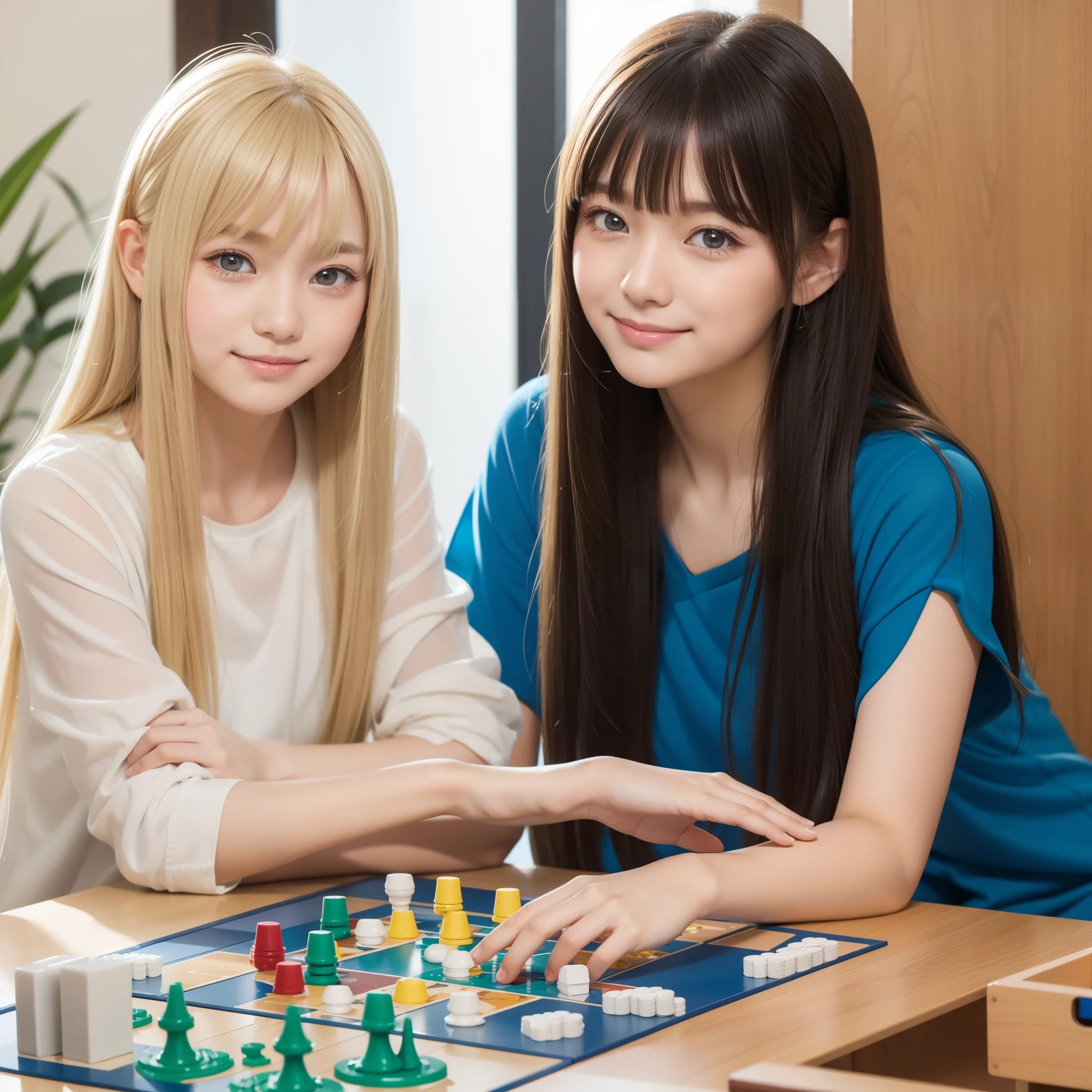 playing boardgame,having arms crossed,Shiny and transparent white skin、Windy hair disturbs your cute face、giant、one 10 year old cute sexy little beautiful face、Beautiful straight hair that stands out、spectacular, beautiful azure eyes with bright、Long soft bangs that cover cute eyes, sexy face hiding hair super long hair sexy cute young women long natural blonde shiny shiny hair,smile, Sitting around the table playing a board game, board game catan, The board game looks good, Table-centered composition,