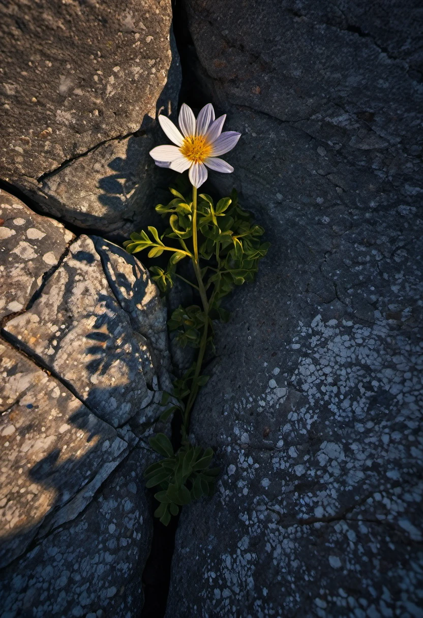 a wild flower growing in a crack in a rock, extremely detailed photograph, crepuscular lighting, fujifilm provia 400x, massurrealism, luminous shadows, renaissance-inspired chiaroscuro, HDRI