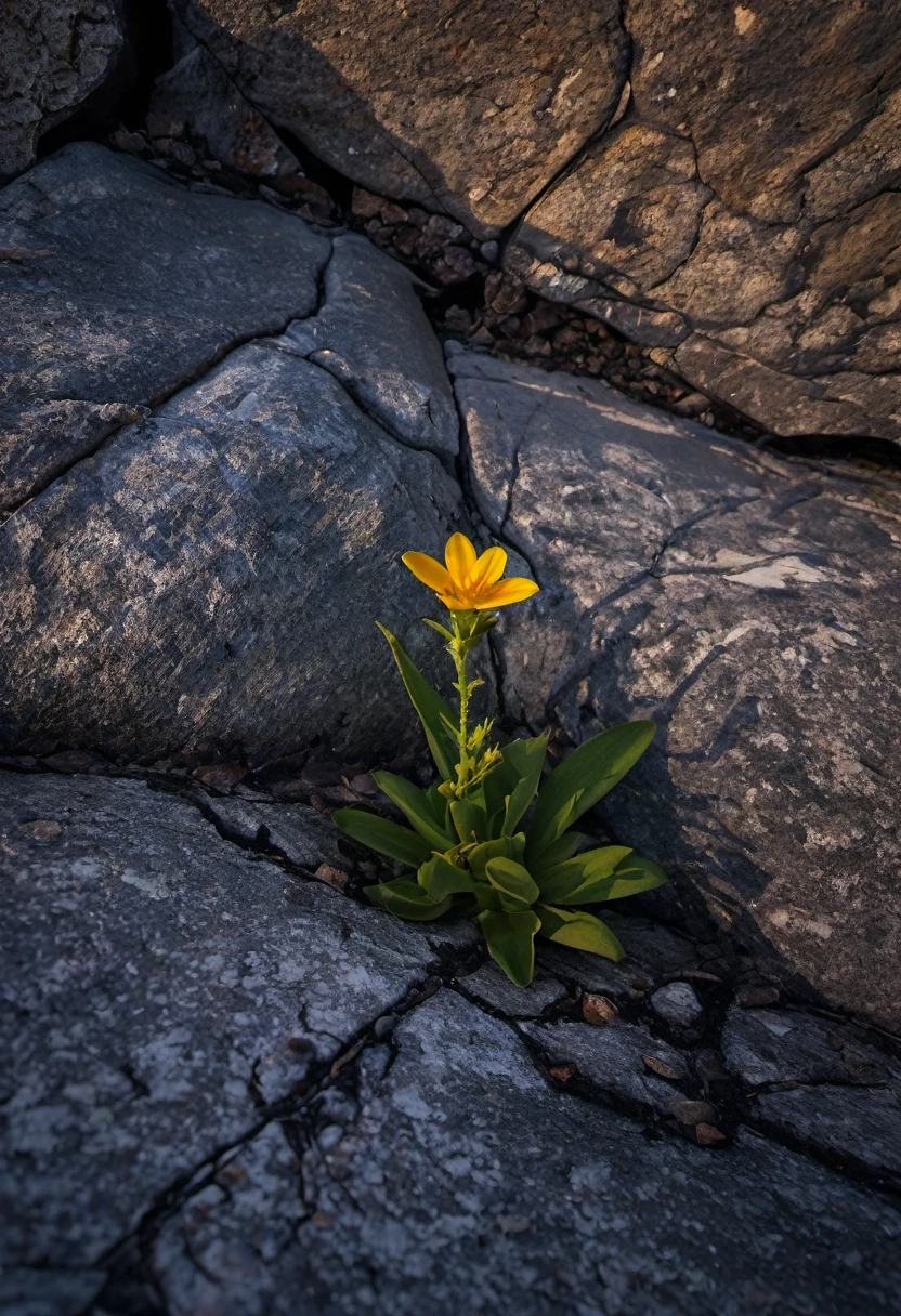 a wild flower growing in a crack in a rock, extremely detailed photograph, crepuscular lighting, fujifilm provia 400x, massurrealism, luminous shadows, renaissance-inspired chiaroscuro, HDRI