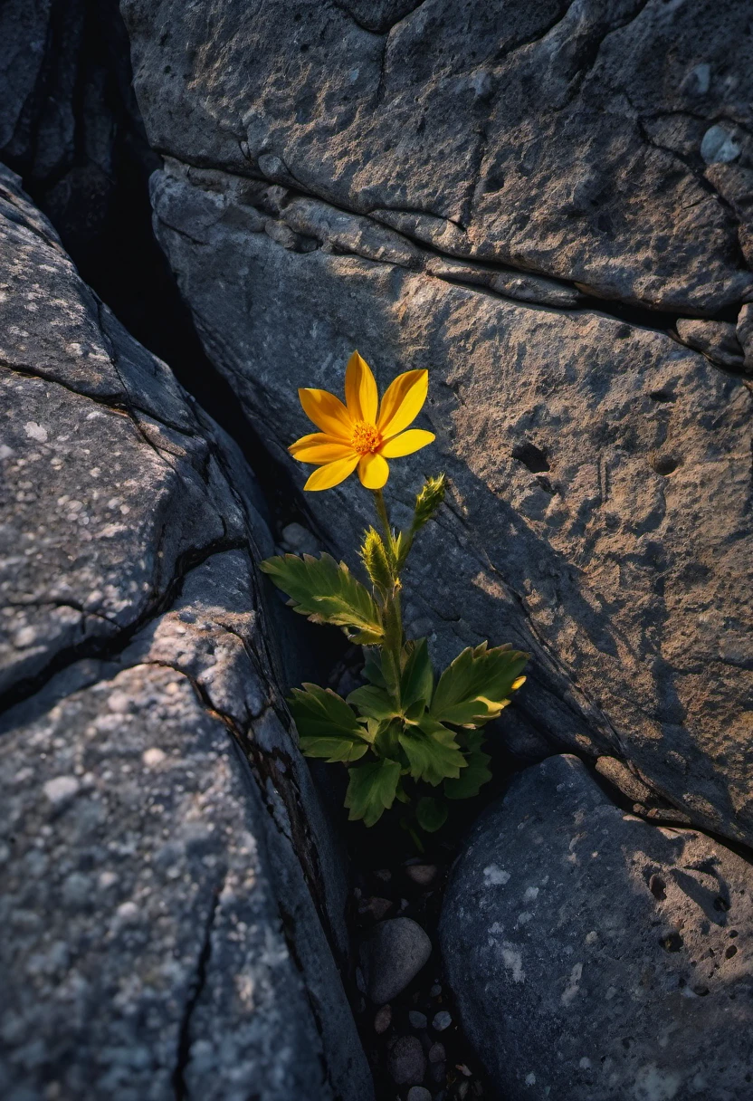 a wild flower growing in a crack in a rock, extremely detailed photograph, crepuscular lighting, fujifilm provia 400x, massurrealism, luminous shadows, renaissance-inspired chiaroscuro, HDRI