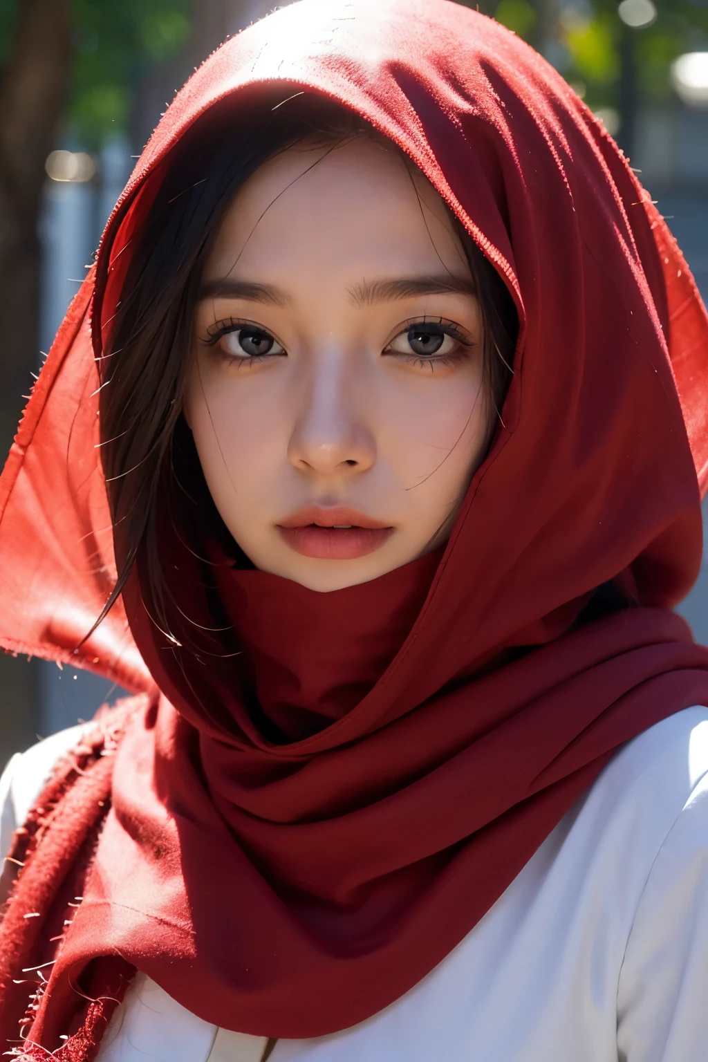 Beautiful pictures , close-up shot, Headshot of her front to the camera, Skin is smooth and radiant, Film quality, Ultra-realistic , She is in red hijab covered all hair,Soft accents, One-person viewpoint, Textured skin, Super Detail, blue Eyes, red niqab, white scientist suit