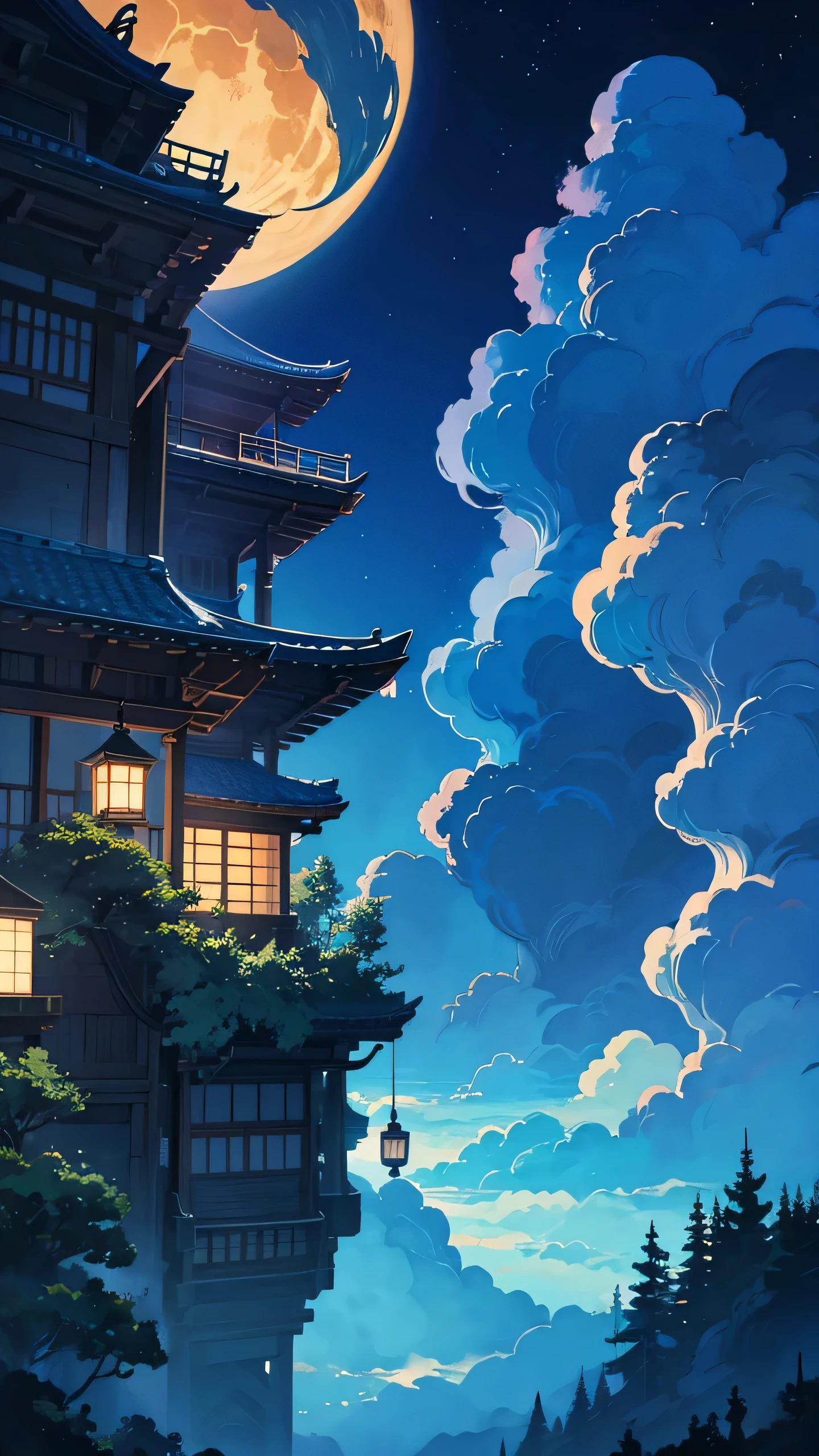 Blue Studio Ghibli Wallpaper, Ghibli style night atmosphere, fantasy, Japanese sky