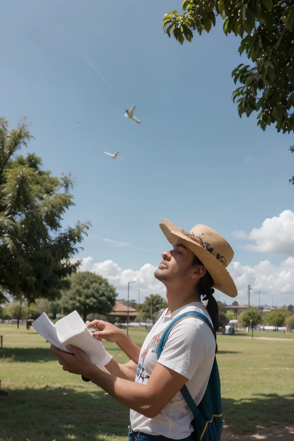 hombre colombiano con sombrero y chaleco azul revisando papeles en medio de una pradera con cielo despejado