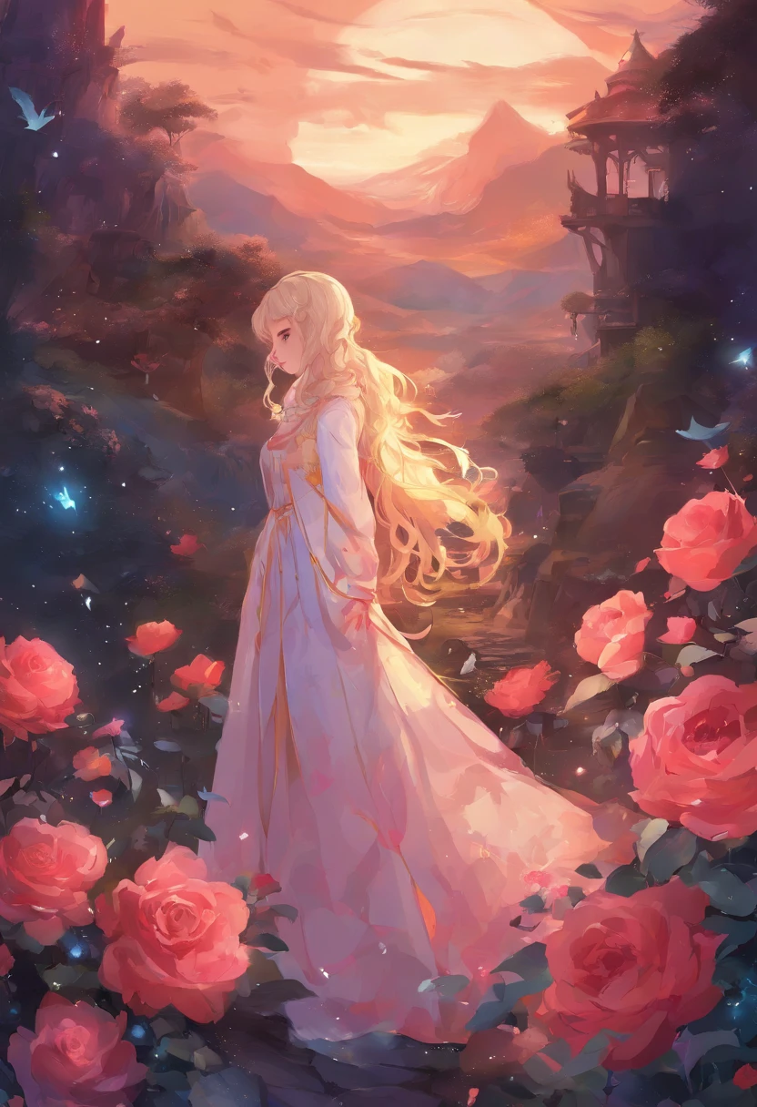 １people々々々々々,Blonde long hair，Long coat，silhouette， Rear View，Space Sky, milky way, Anime Style, Rose，Rose，night，辺り一面に舞うRoseの花びら，山腹から見た街のnight景，