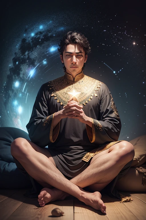 um homem meditando com as estrelas de fundo e brilhantes no meio da natureza