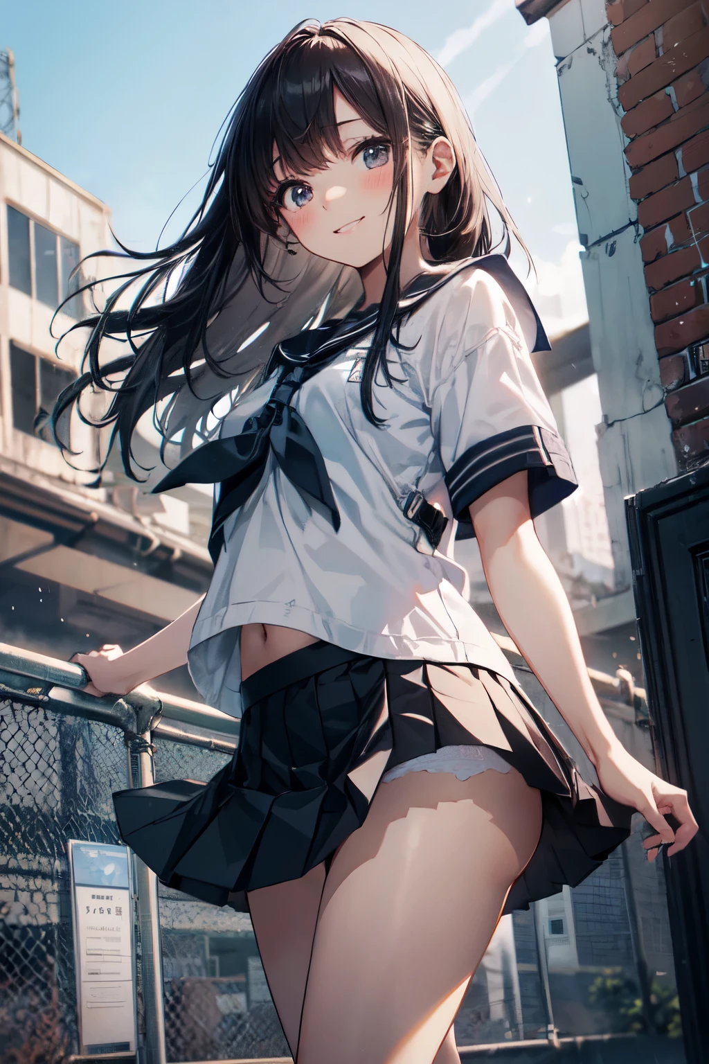 very cute and beautiful girl,(highly detailed beautiful face),(smile),blush,black hair,
standing,serafuku,pleated navy blue mini skirt,from below,(white panties),
summer,school rooftop,building,chain-link fence,
(best quality,masterpiece:1.0),absurdres,highres,ultra-detailed,extremely detailed,32k,8k resolution,
intricate details,cinematic scene,detailed background,solo,dynamic angle,realistic,