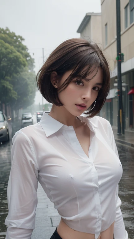 ((Best quality, 8k, Masterpiece: 1.3)), Sharp focus: 1.2, A pretty woman with perfect figure: 1.4, Slim abs: 1.2, ((Layered haircut, small round breasts: 1.2)), (White long shirt with white buttons: 1.1), (Rain, Street: 1.2), Wet body: 1.5, Highly detailed face and skin texture, Detailed eyes, eating a banana