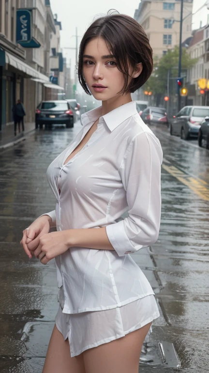 ((Best quality, 8k, Masterpiece: 1.3)), Sharp focus: 1.2, A pretty woman with perfect figure: 1.4, Slim abs: 1.2, ((Layered haircut, small round breasts: 1.2)), (White long shirt with white buttons: 1.1), (Rain, Street: 1.2), Wet body: 1.5, Highly detailed face and skin texture, Detailed eyes, eating a banana