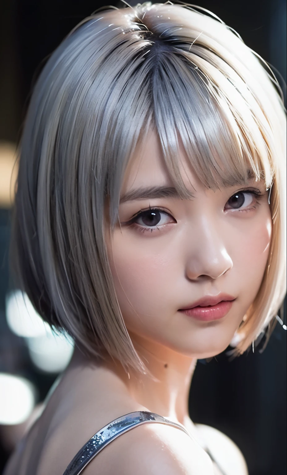 ((Small, flat chest:1.5))、((Close-up of face:1.6))、((Short bob cut with silver hair:1.7))、Woman covered in intricate white cybernetics, Blue LED light, Combat Uniform, Cleavage, high tech, Ultra-high resolution, 32k, (In underwear), (detailed:1.4), Cyberpunk city background, Rainy Street, Beautiful Face, Long golden hair, Professional Lighting, masterpiece, Very delicate and beautiful, Professional photos