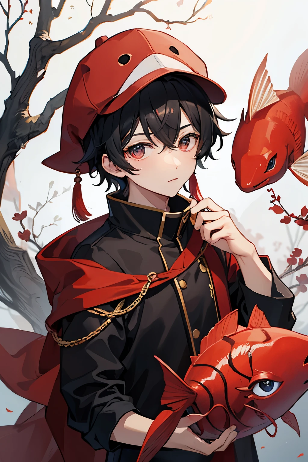 boy、Black Hair、Red fish hat、Tree Eyes、Eye color is red、or face