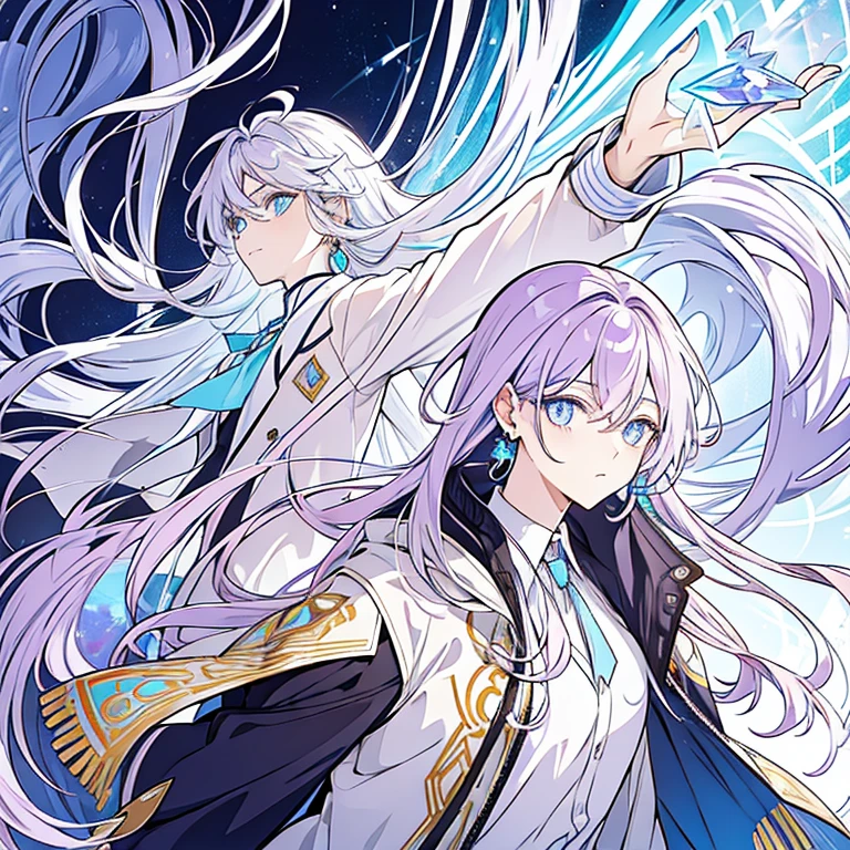 A beautiful androgynous person with long lilac hair and amber eyes, wearing a soft blue cardigan and has opal drop earrings.