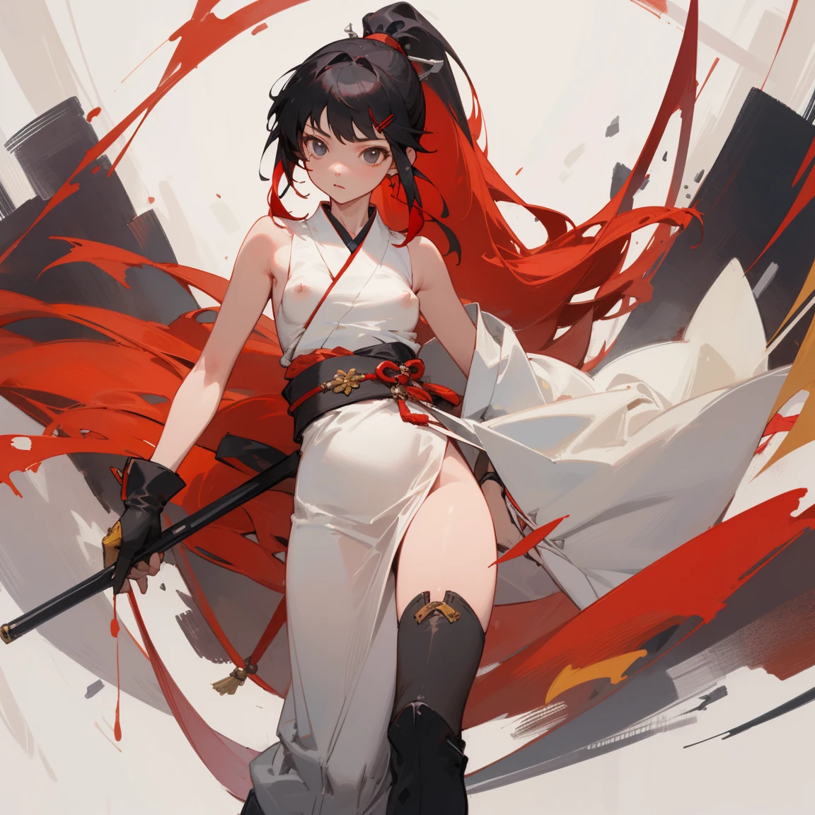 ((highest quality)), ((masterpiece)), (Become familiar with), 1 girl, alone, Black Hair,ponytail,White kimono,black sleeveless,red hair clip,Red belt, ,slender,Long Hair,Small breasts, gloves,boots, Erect nipples