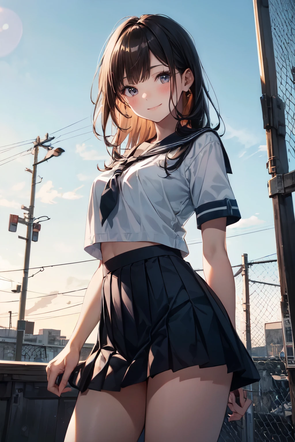 very cute and beautiful girl,(highly detailed beautiful face),(smile),blush,black hair,
standing,serafuku,pleated navy blue mini skirt,from below,(white panties),
summer,school rooftop,building,chain-link fence,
(best quality,masterpiece:1.0),absurdres,highres,ultra-detailed,extremely detailed,32k,8k resolution,
intricate details,cinematic scene,detailed background,solo,dynamic angle,realistic,