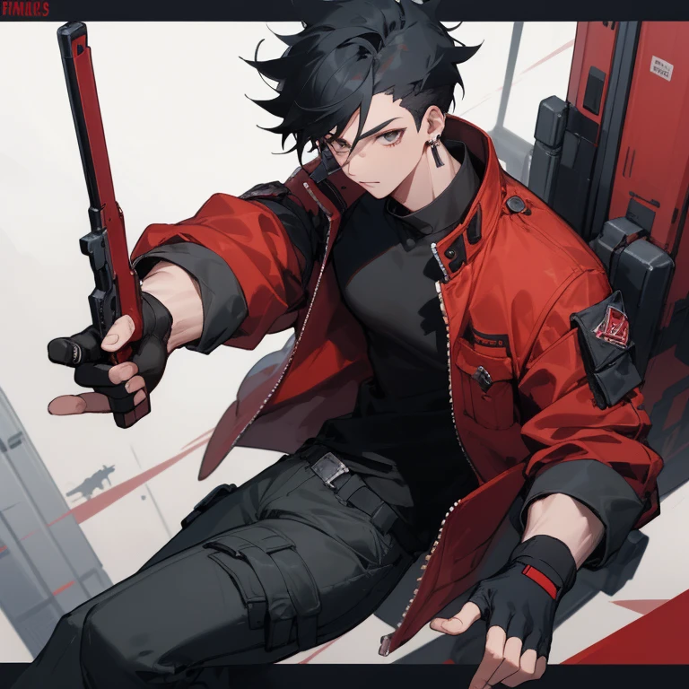 ((highest quality)), ((masterpiece)), (be familiar with), 1 male, alone, Black Hair,Spiky Hair,cargo pants,Red jacket,Black Shirt,Large,Fingerless Gloves, cyber punk,SF,Pistol,Earrings