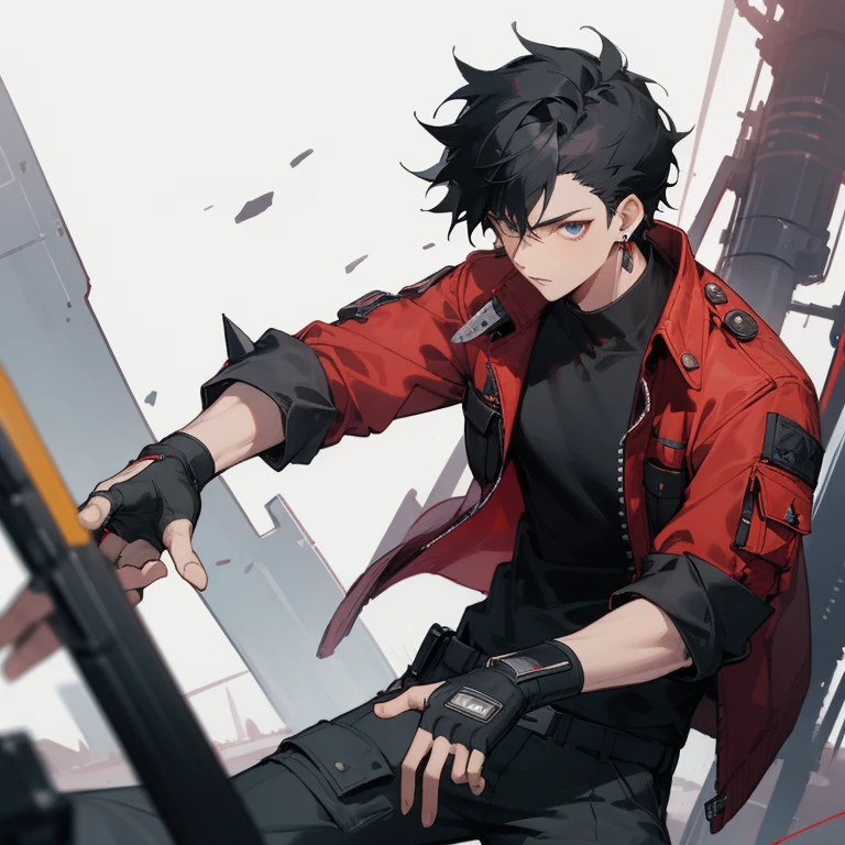 ((highest quality)), ((masterpiece)), (be familiar with), 1 male, alone, Black Hair,Spiky Hair,cargo pants,Red jacket,Black Shirt,Large,Fingerless Gloves, cyber punk,SF,Pistol,Earrings