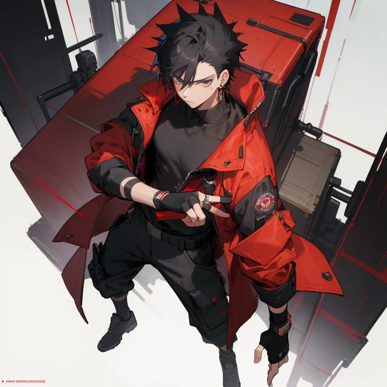((highest quality)), ((masterpiece)), (be familiar with), 1 male, alone, Black Hair,Spiky Hair,cargo pants,Red jacket,Black Shirt,Large,Fingerless Gloves, cyber punk,SF,Pistol,Earrings